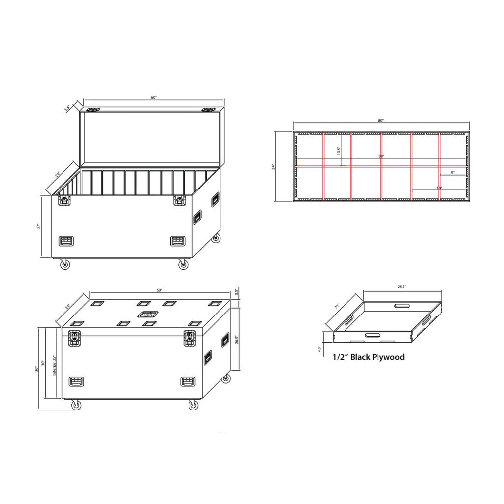 TruckPax Utility ATA Flight Case Truck Storage Road Case with Dividers Tray and 4" in casters – 24"x60"x36" Ext