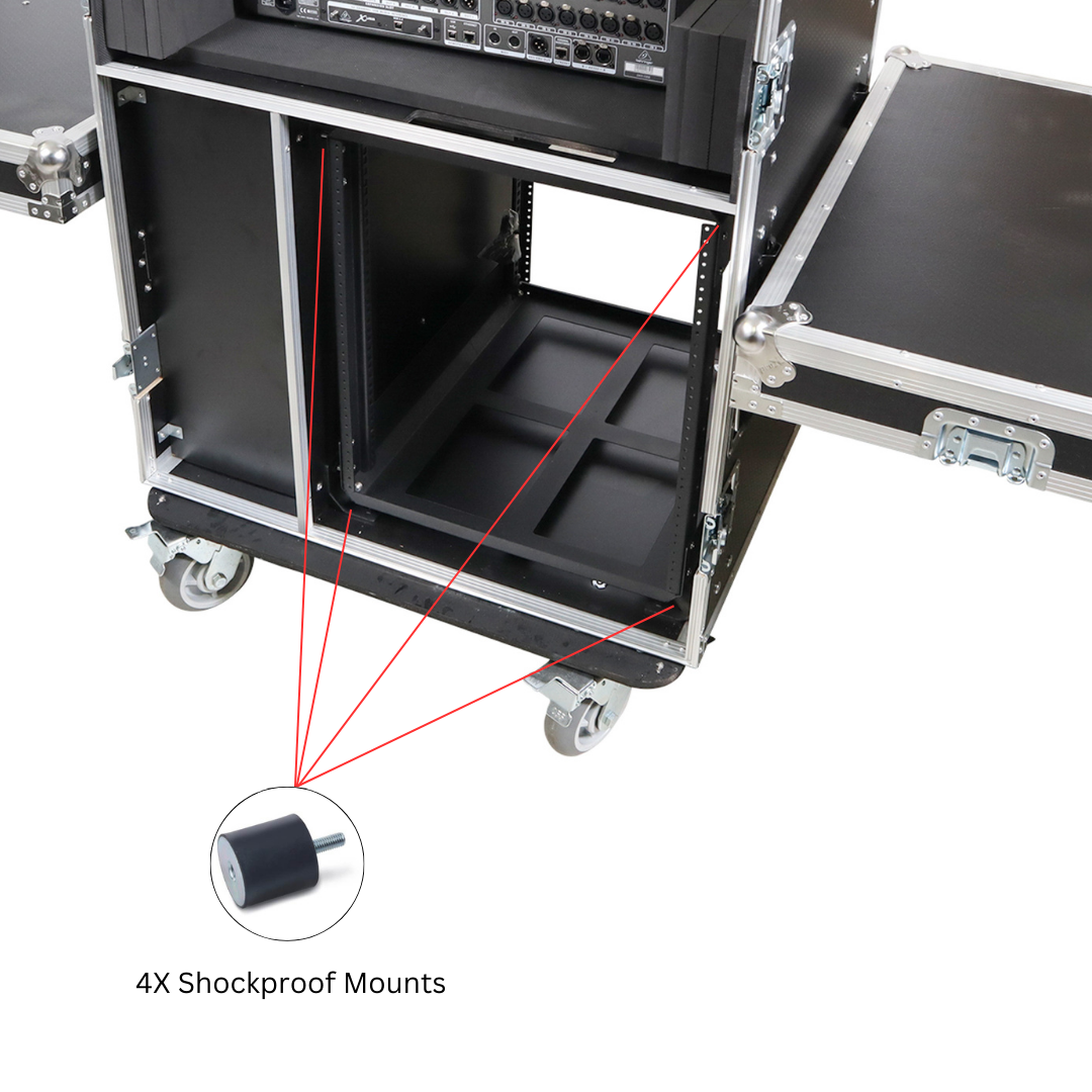 BRANCO ATA Flight Style FOH Mixing Console Case 12U Shockproof Rack 2 Drawer 2 Side Tables & 4 Locking Casters
