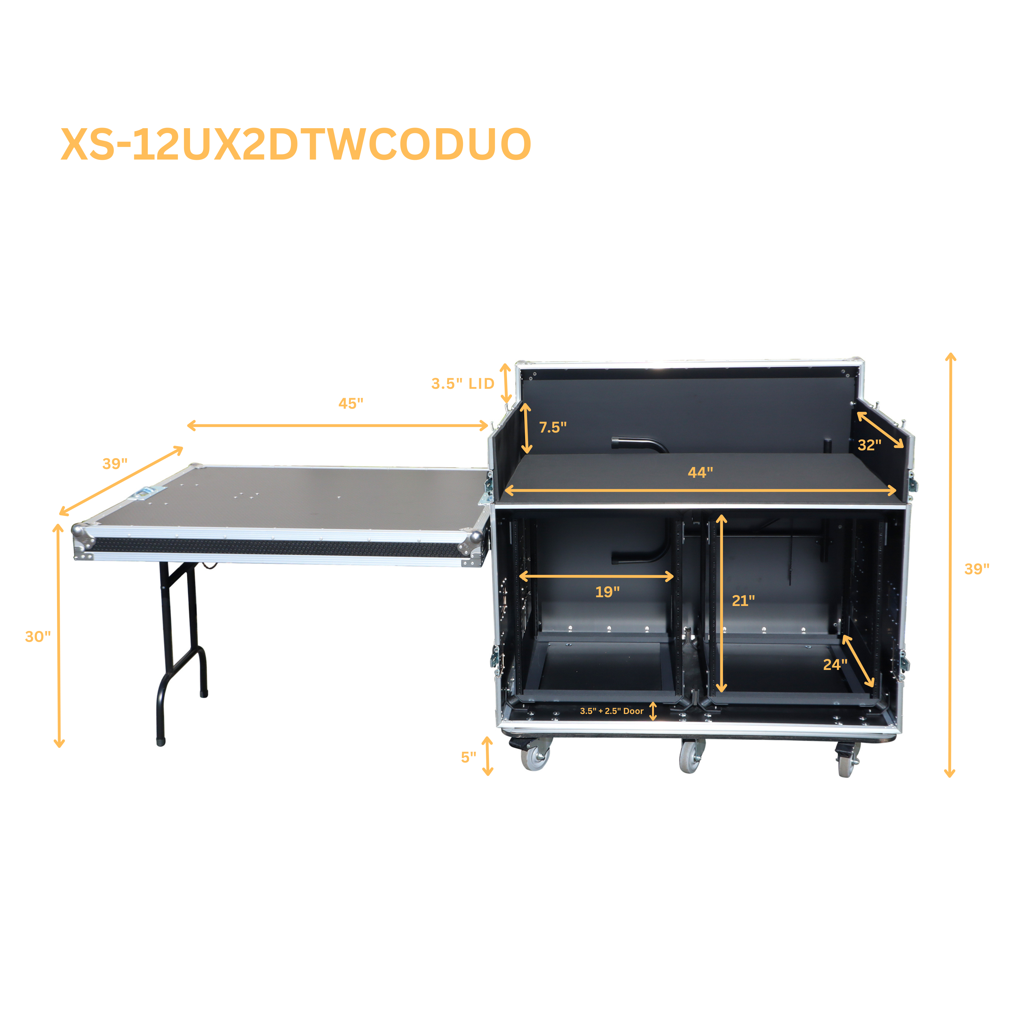 ATA Flight Style Mixing Console Case 2x side by side 12U Shock Mount Rack and 2x Side Tables