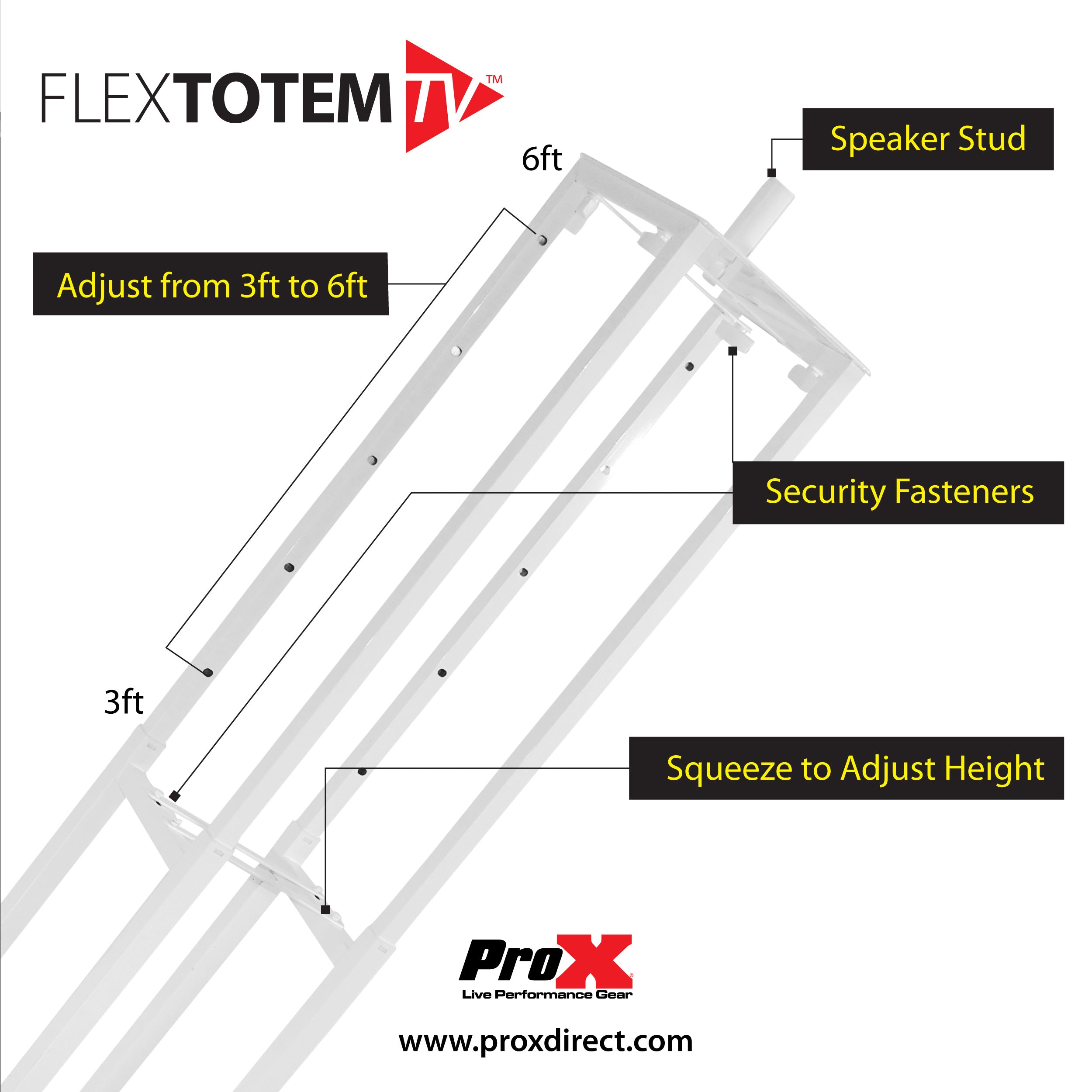 Flex Totem TV - 3ft to 6ft Height Adjustable Totem Stand Incl.  TV Mount, Foldable Base Plate and Speaker Stud