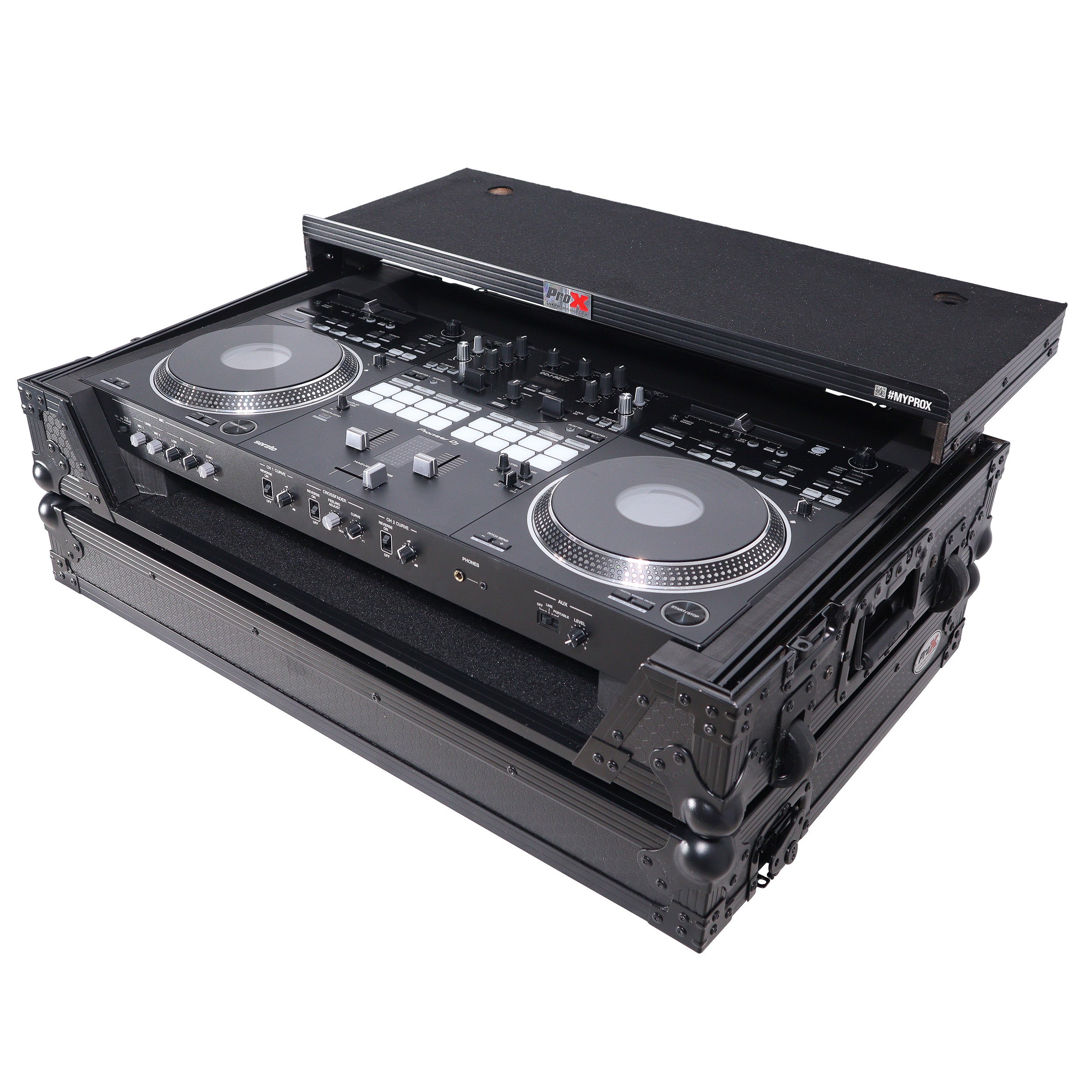 ATA Style Flight Case for Pioneer DDJ-REV7 DJ Controller with Laptop Shelf Wheels and 1U Rackspace Black Finish