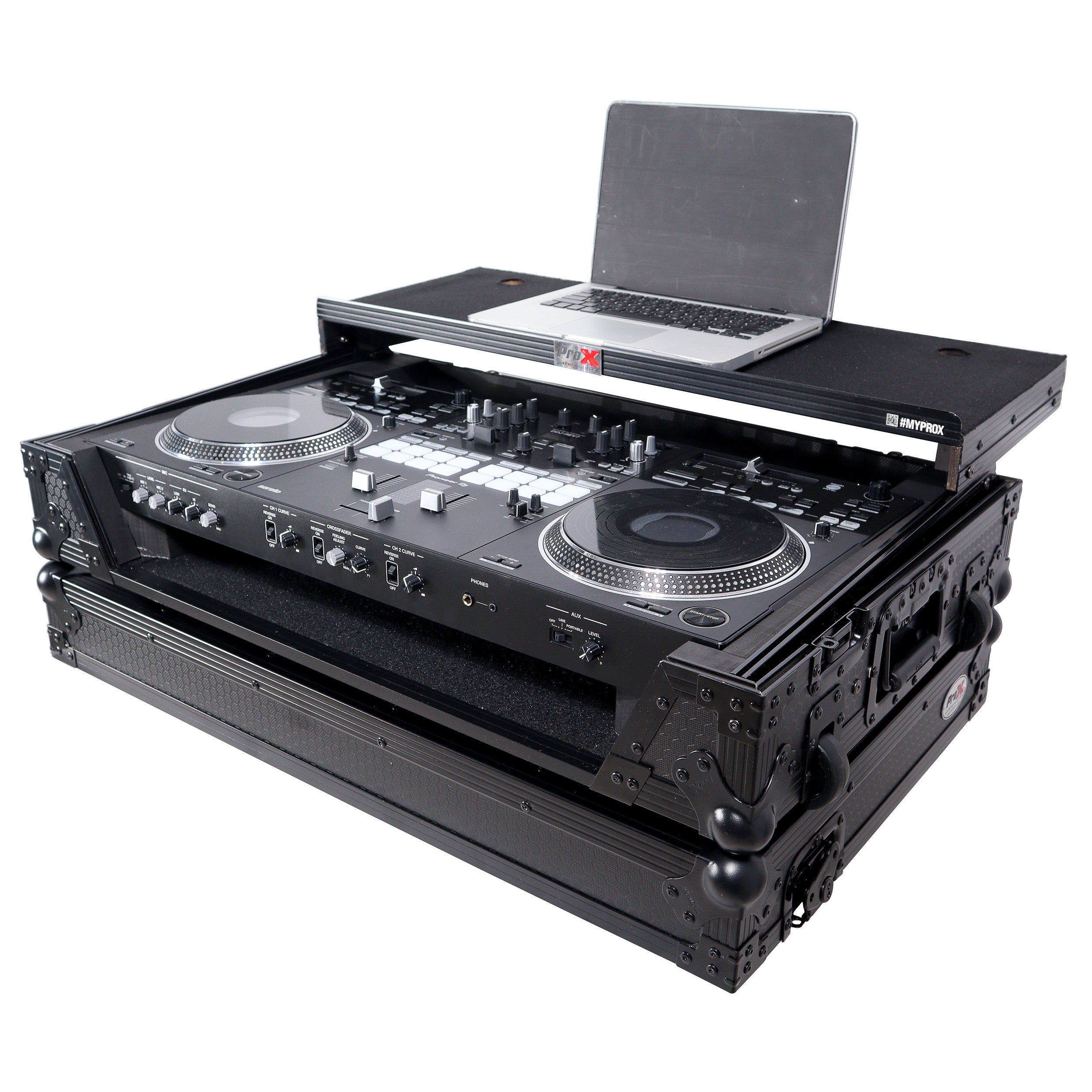 ATA Style Flight Case for Pioneer DDJ-REV7 DJ Controller with Laptop Shelf Wheels and 1U Rackspace Black Finish
