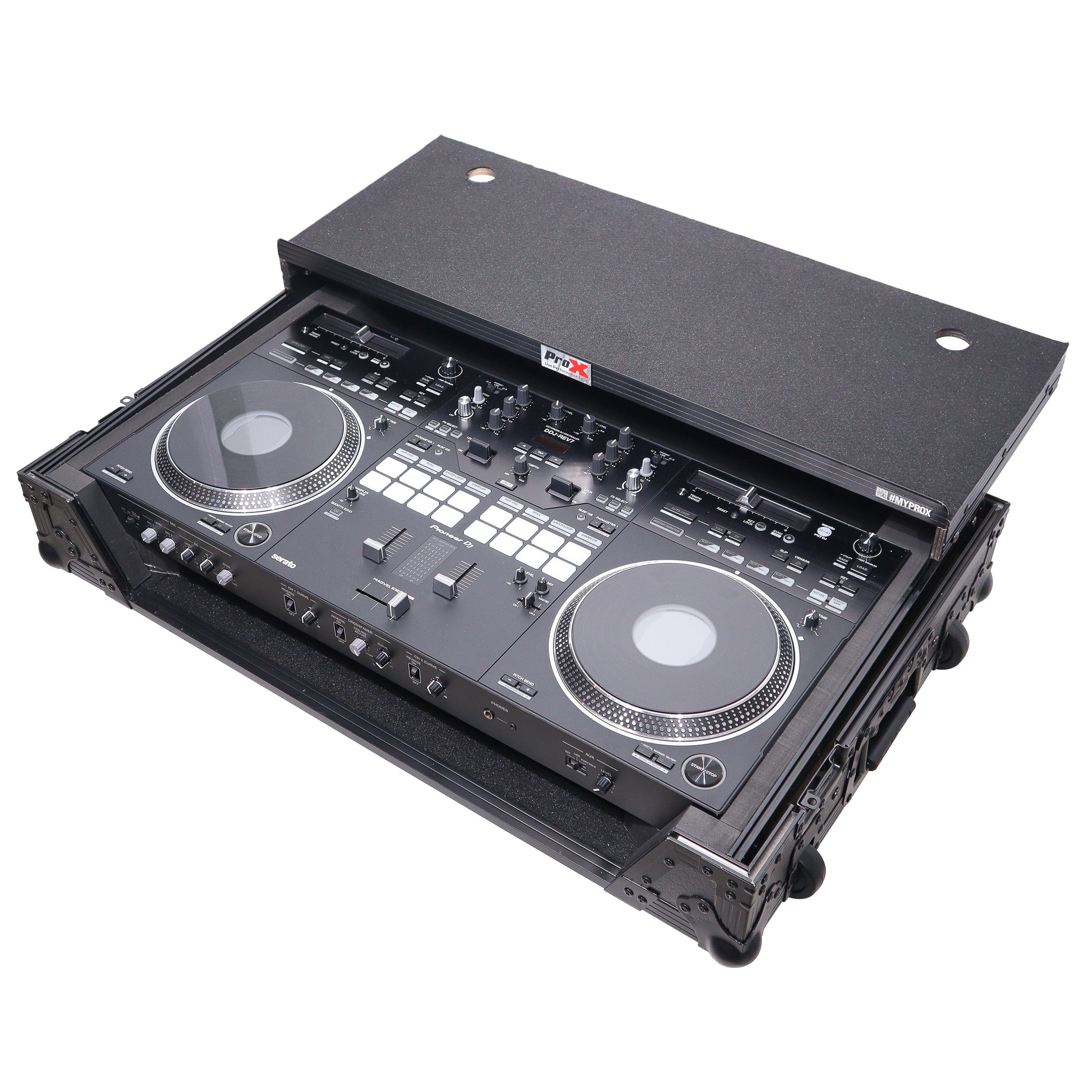 ATA Style Flight Case for Pioneer DDJ-REV7 DJ Controller with Laptop Shelf Wheels and 1U Rackspace Black Finish