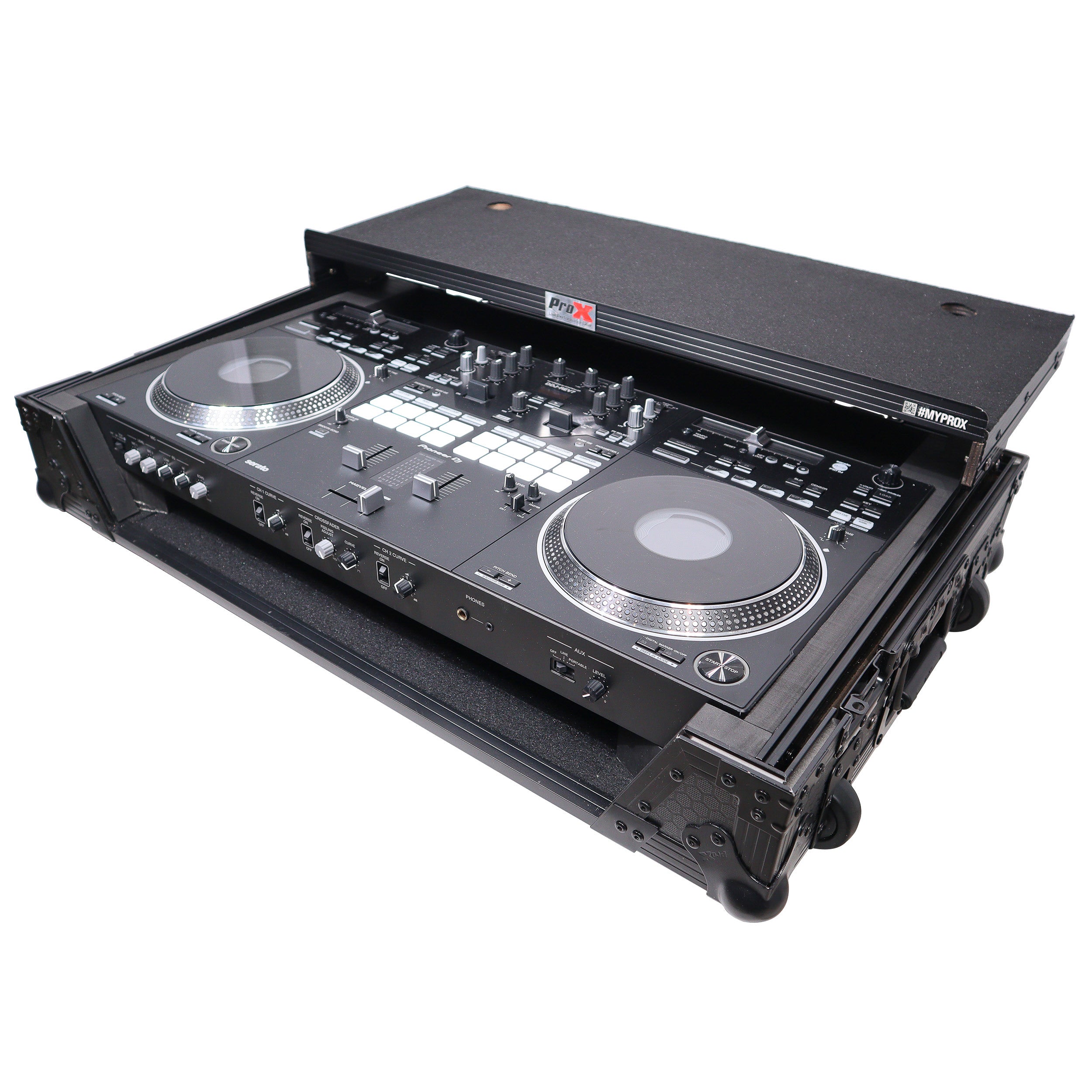 ATA Style Flight Case for Pioneer DDJ-REV7 DJ Controller with Laptop Shelf Wheels and 1U Rackspace Black Finish