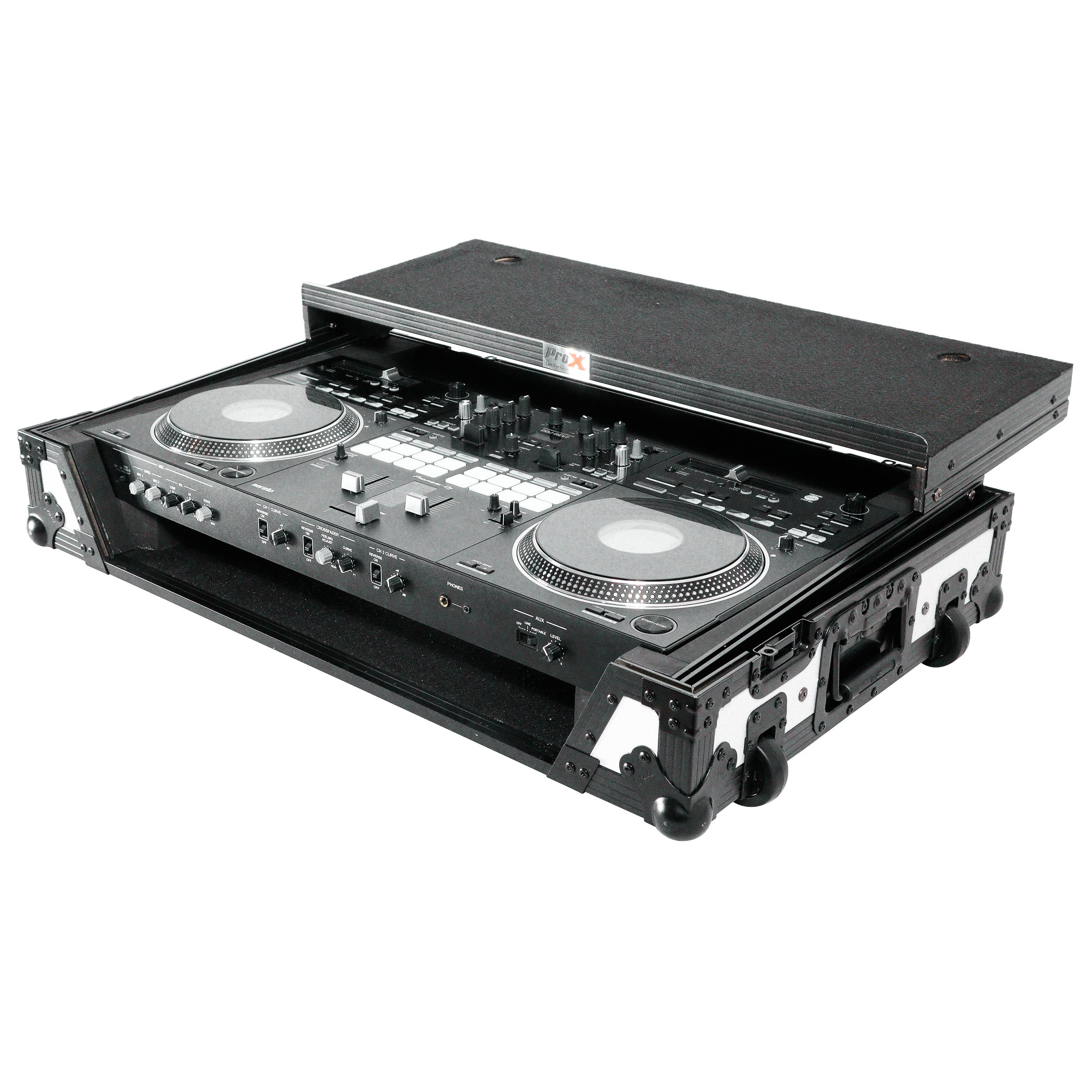 ATA Flight Case for Pioneer DDJ-REV7 DJ Controller with Laptop Shelf 1U Rack Space and Wheels - White Black