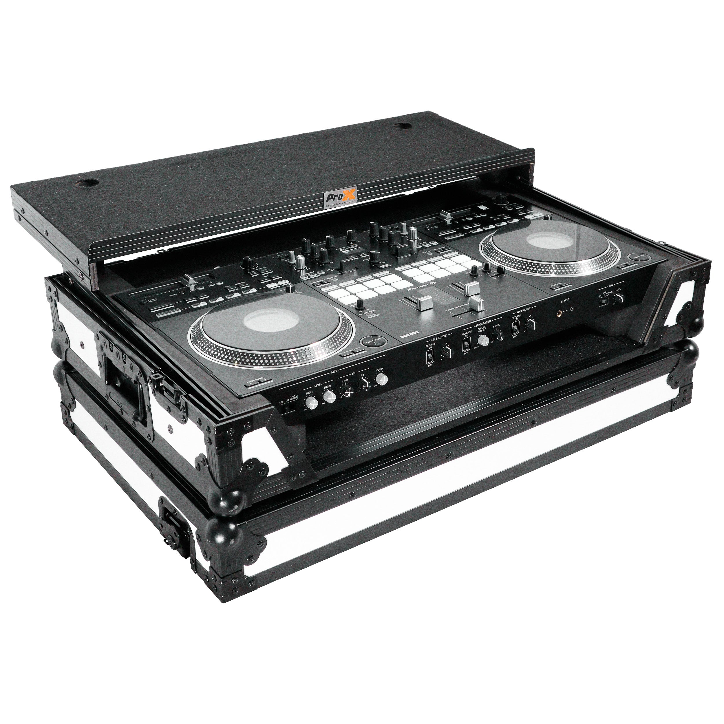 ATA Flight Case for Pioneer DDJ-REV7 DJ Controller with Laptop Shelf 1U Rack Space and Wheels - White Black