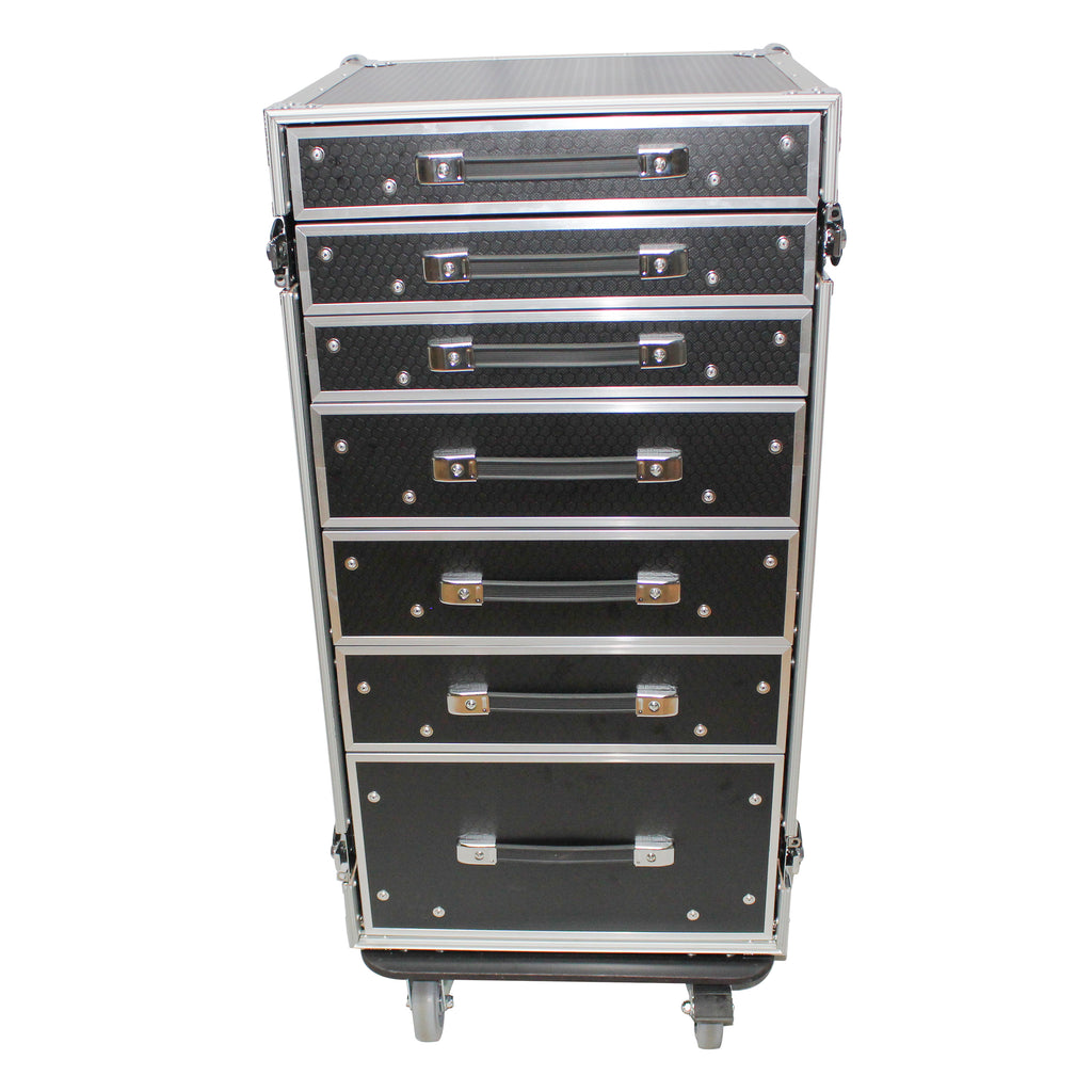 7 Utility Drawer ATA Flight Style Case with Fold out Left Right Side Mounting Removable Table and 4 inch Casters