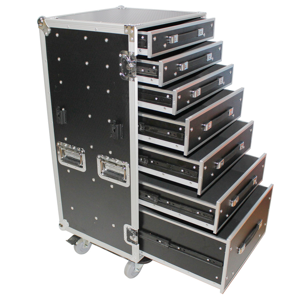 7 Utility Drawer ATA Flight Style Case with Fold out Left Right Side Mounting Removable Table and 4 inch Casters