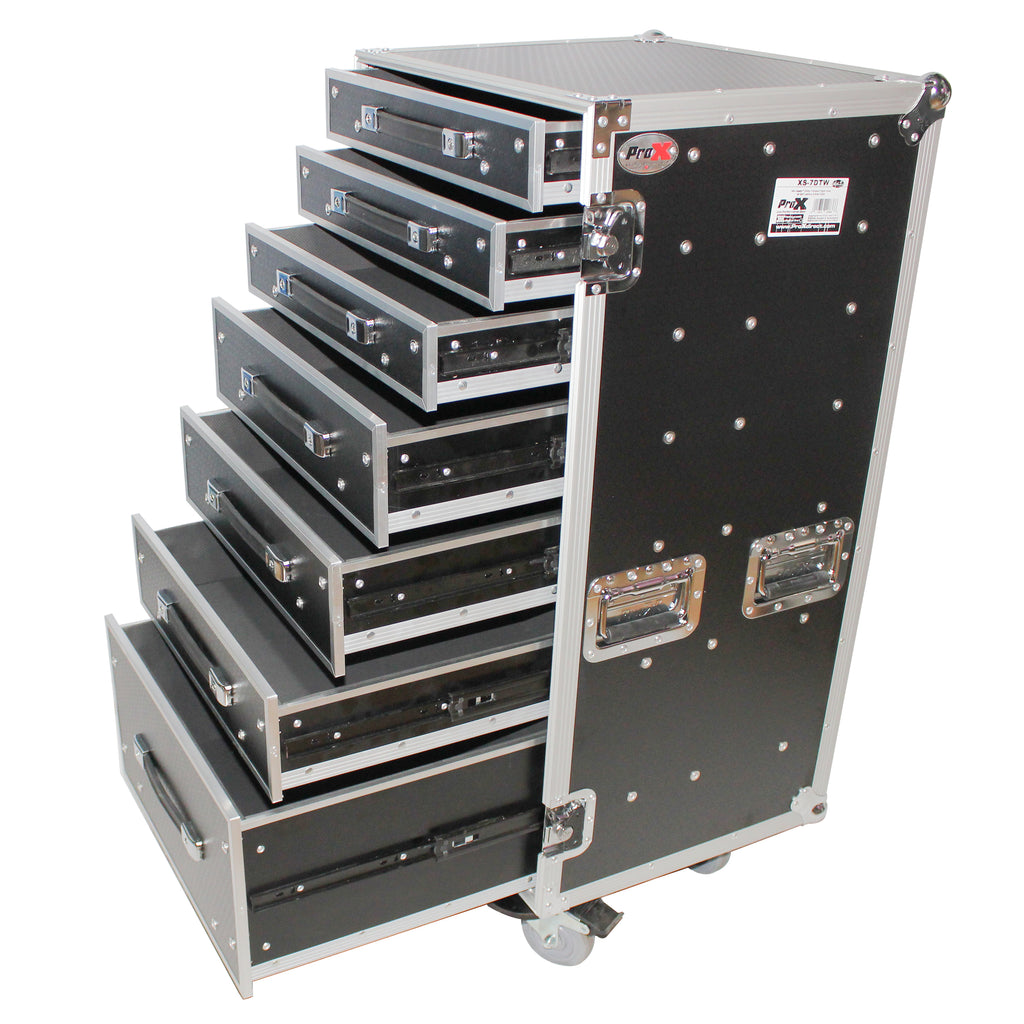 7 Utility Drawer ATA Flight Style Case with Fold out Left Right Side Mounting Removable Table and 4 inch Casters