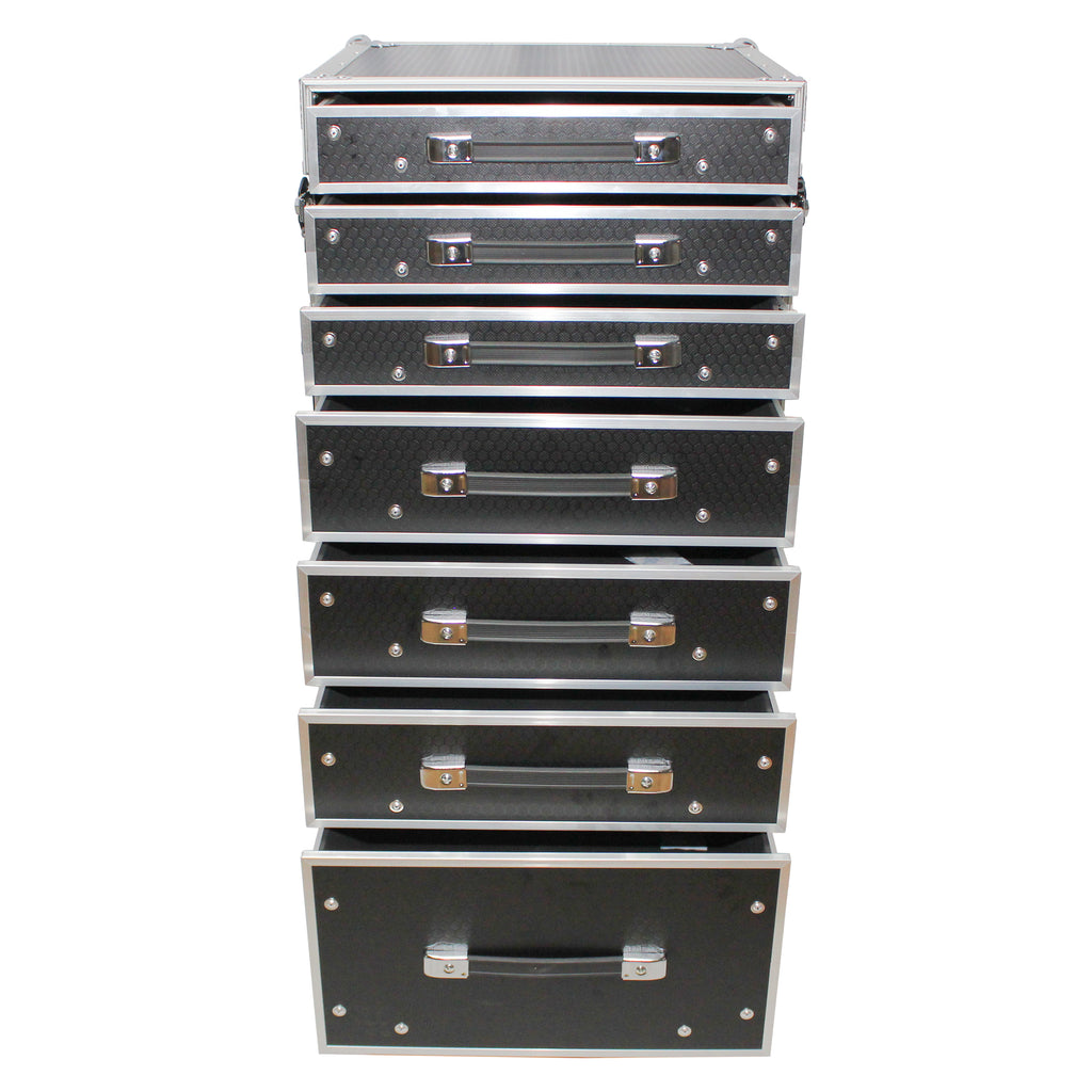 7 Utility Drawer ATA Flight Style Case with Fold out Left Right Side Mounting Removable Table and 4 inch Casters