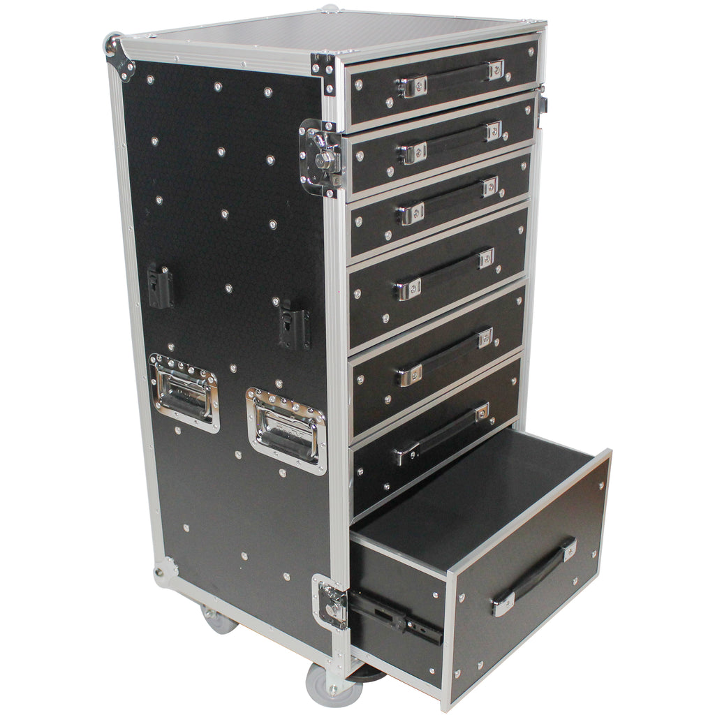 7 Utility Drawer ATA Flight Style Case with Fold out Left Right Side Mounting Removable Table and 4 inch Casters