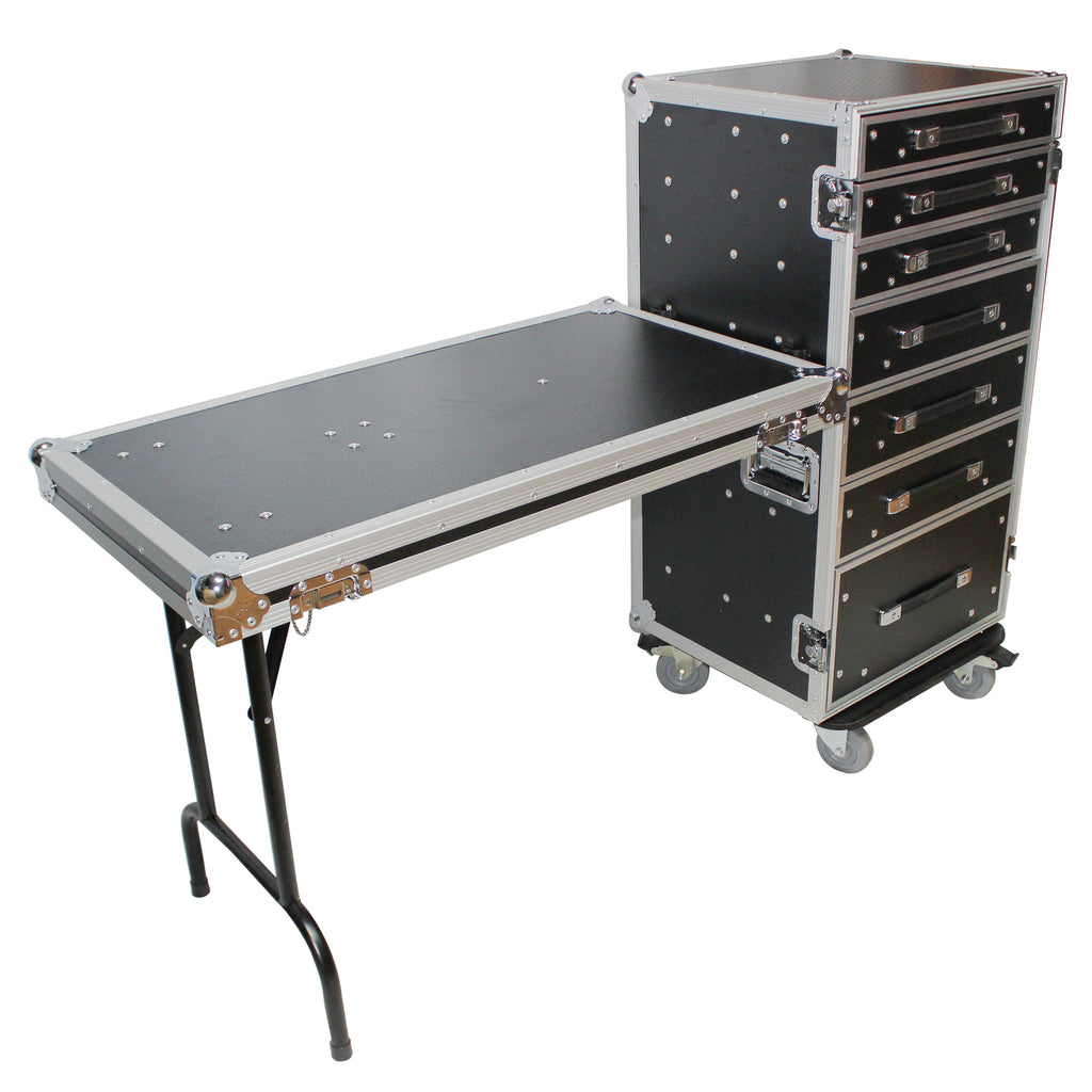 7 Utility Drawer ATA Flight Style Case with Fold out Left Right Side Mounting Removable Table and 4 inch Casters