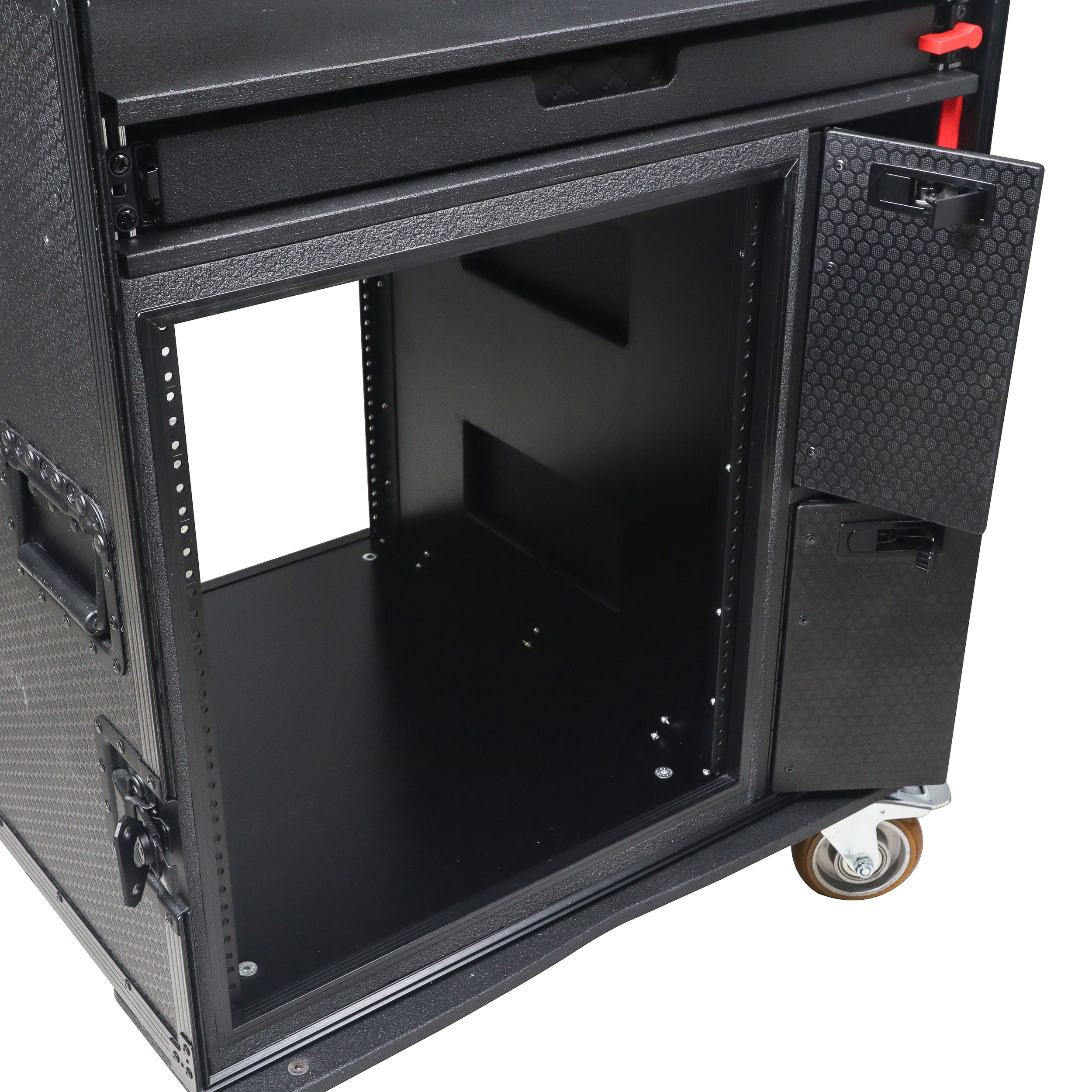 Mobile AV Broadcasting Streaming Recording Studio Workstation Case with 4U Top 12U Bottom Black Finish