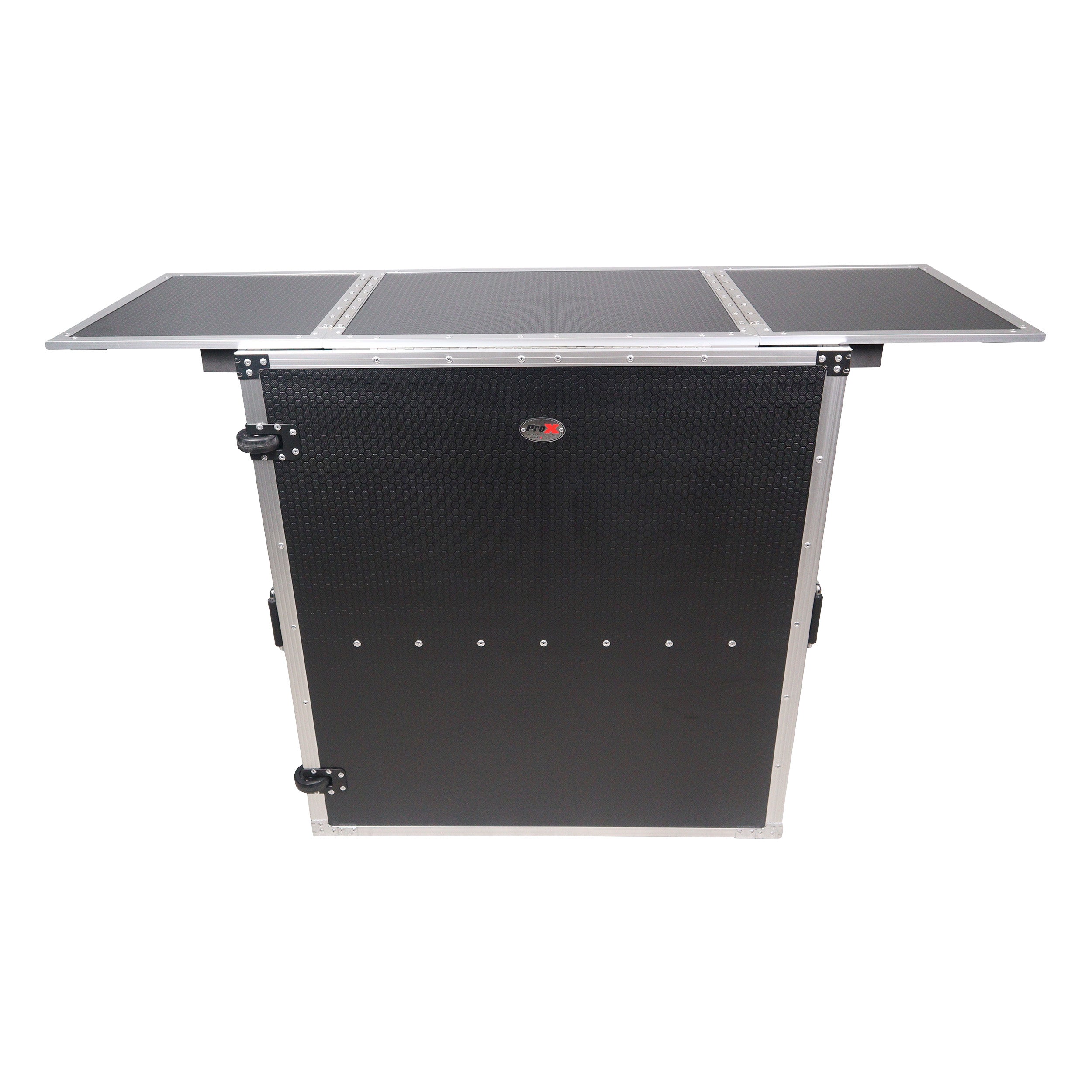Transformer Flight Case Style Folding DJ Table and Workstation with Smooth Rolling Wheels