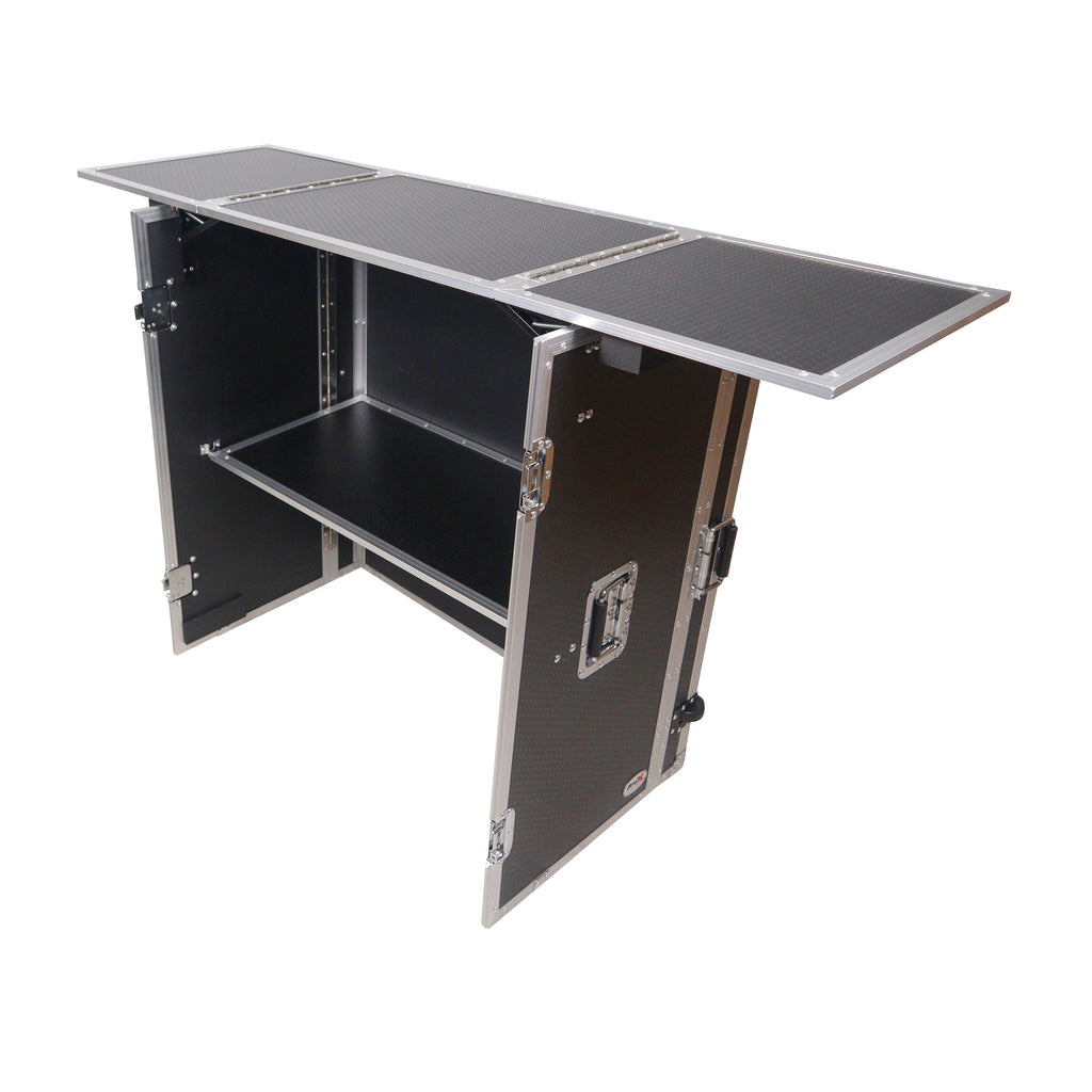 Transformer Flight Case Style Folding DJ Table and Workstation with Smooth Rolling Wheels