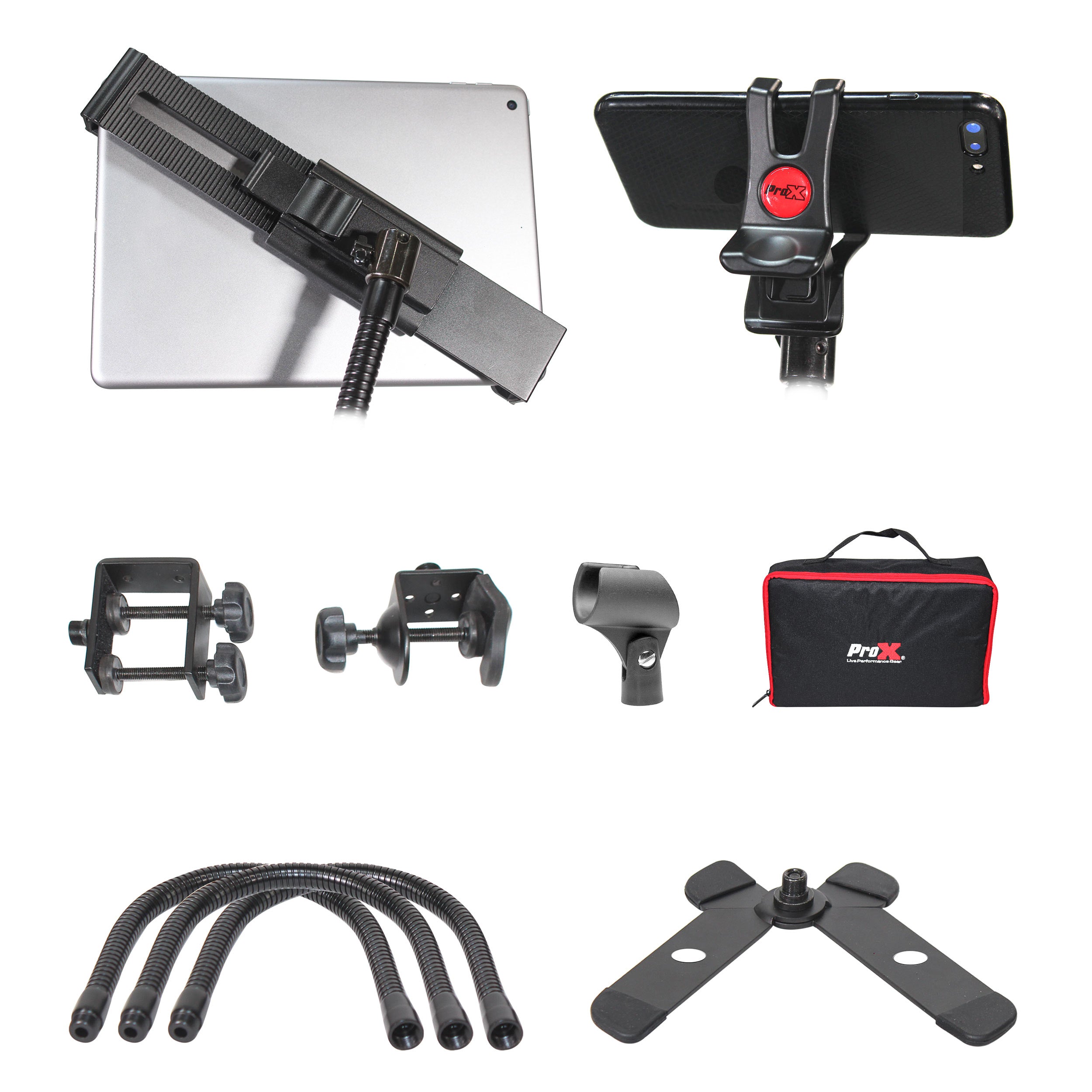 Mobi Buddy Hands Free Tablet Mobile Device Clip Kit DJ Cellphone holder Selfie Stick Table Stand Tripod Clamp and Case