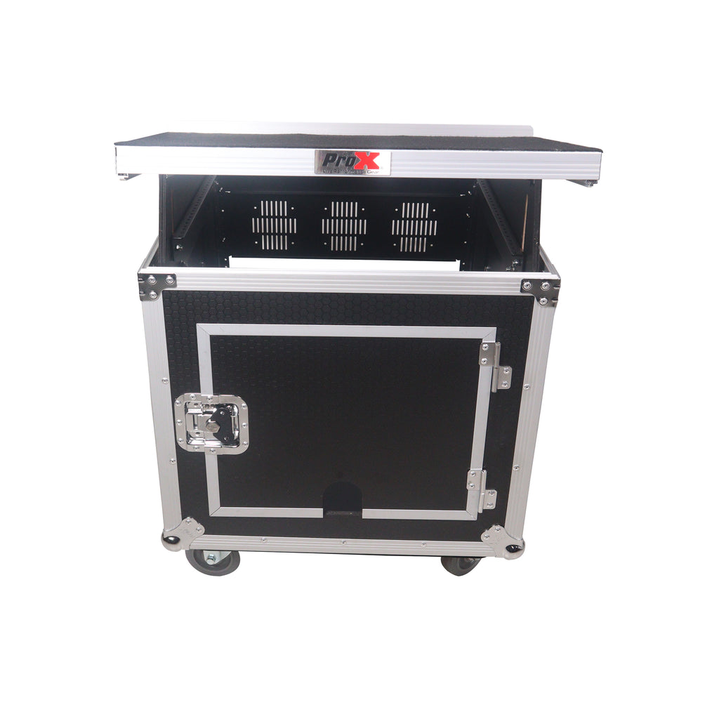 10U Vertical Rack Mount Flight Case with 10U Top for Mixer Combo Amp Rack with Laptop Shelf and Caster Wheels