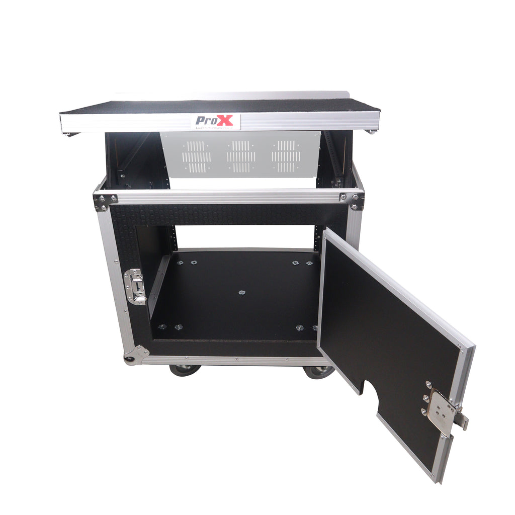 10U Vertical Rack Mount Flight Case with 10U Top for Mixer Combo Amp Rack with Laptop Shelf and Caster Wheels