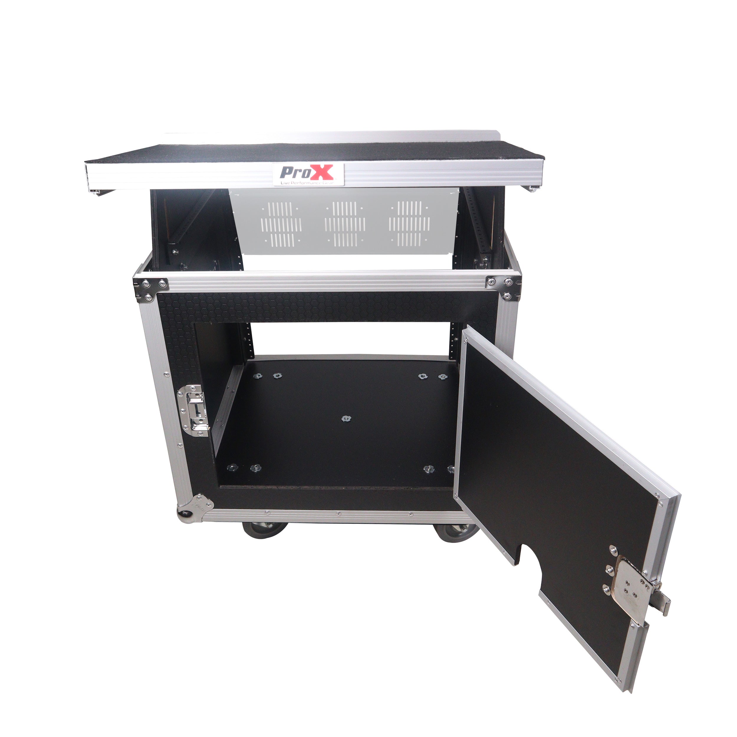 12U Vertical Rack Mount Flight Case with 10U Top for Mixer Combo Amp Rack with Laptop Shelf and Caster Wheels