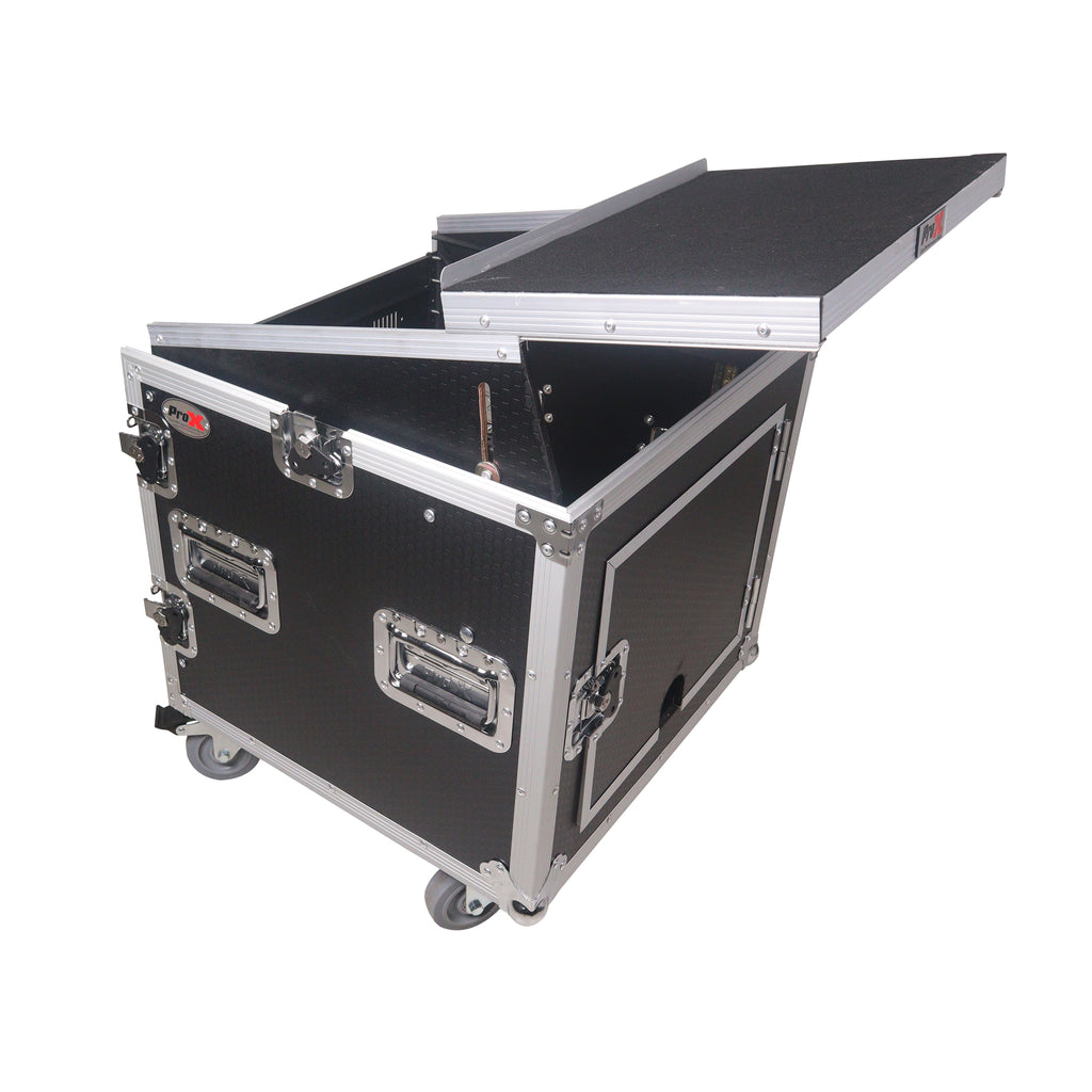 12U Vertical Rack Mount Flight Case with 10U Top for Mixer Combo Amp Rack with Laptop Shelf and Caster Wheels