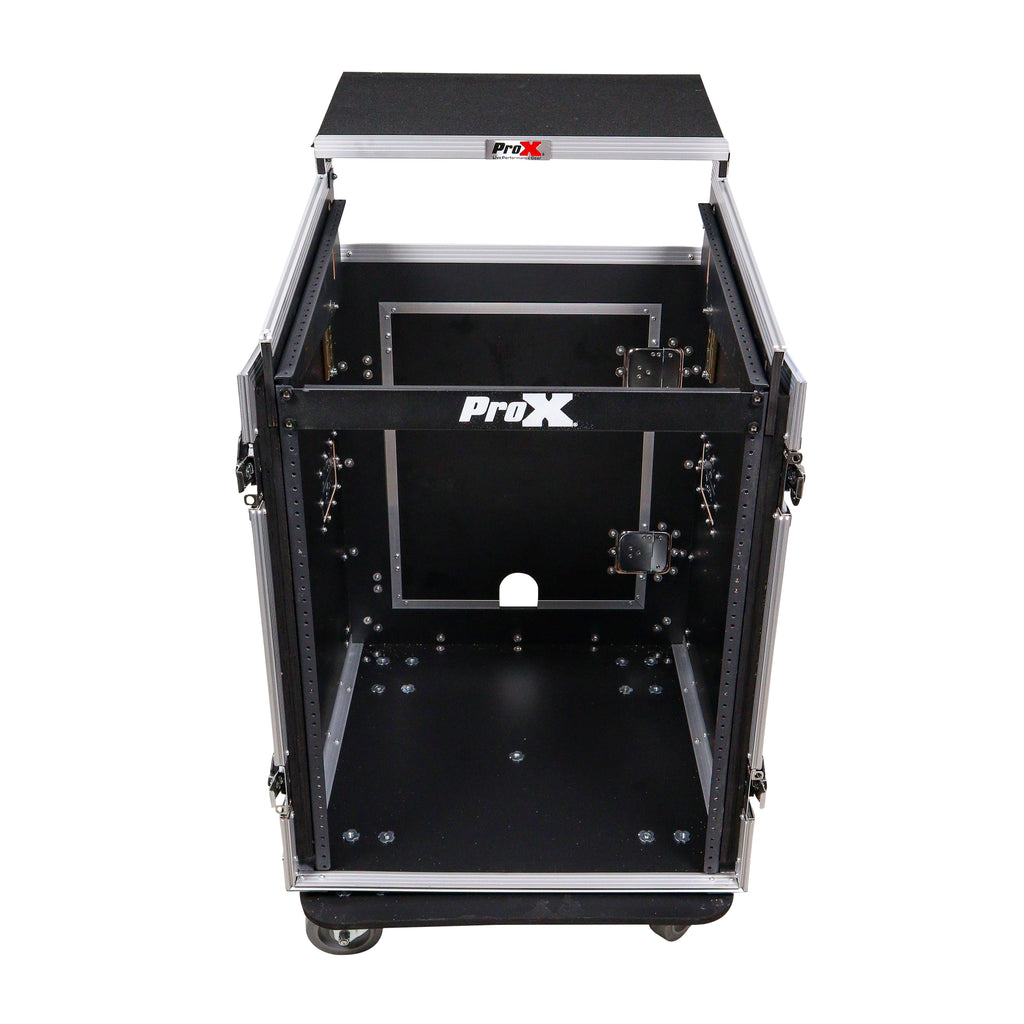 14U Vertical Rack Mount Flight Case with 10U Top for Mixer Combo Amp Rack with Laptop Shelf and Caster Wheels