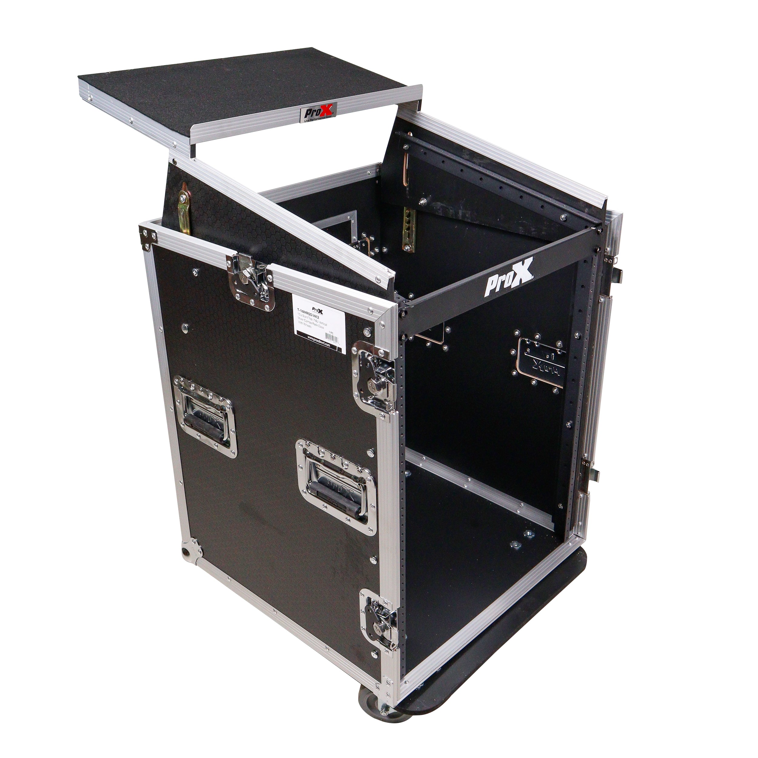 14U Vertical Rack Mount Flight Case with 10U Top for Mixer Combo Amp Rack with Laptop Shelf and Caster Wheels