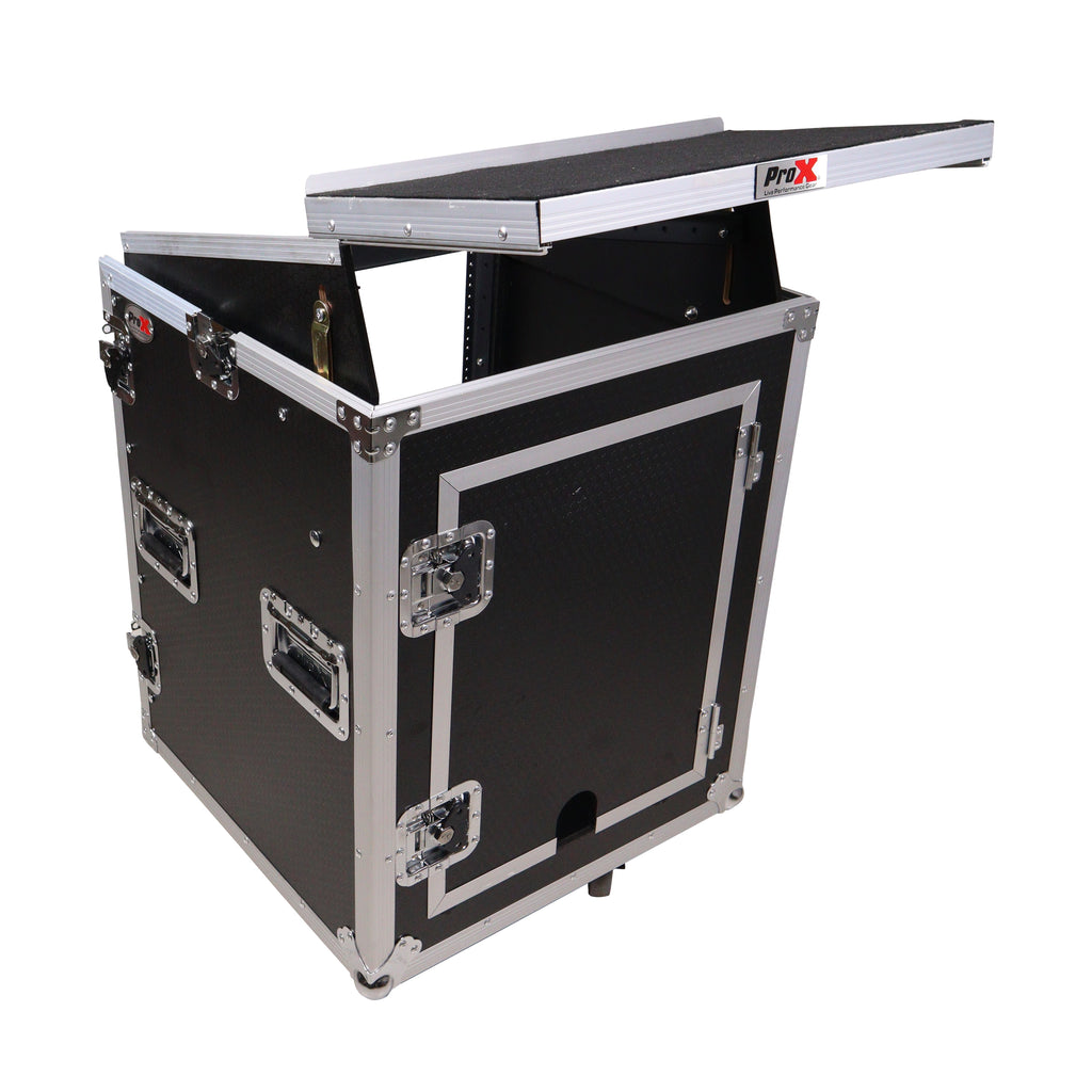 14U Vertical Rack Mount Flight Case with 10U Top for Mixer Combo Amp Rack with Laptop Shelf and Caster Wheels
