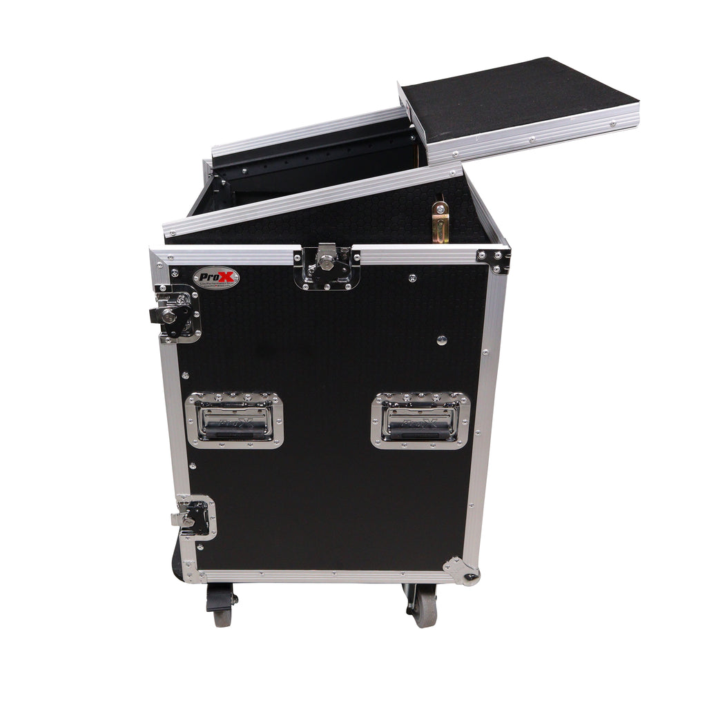 14U Vertical Rack Mount Flight Case with 10U Top for Mixer Combo Amp Rack with Laptop Shelf and Caster Wheels