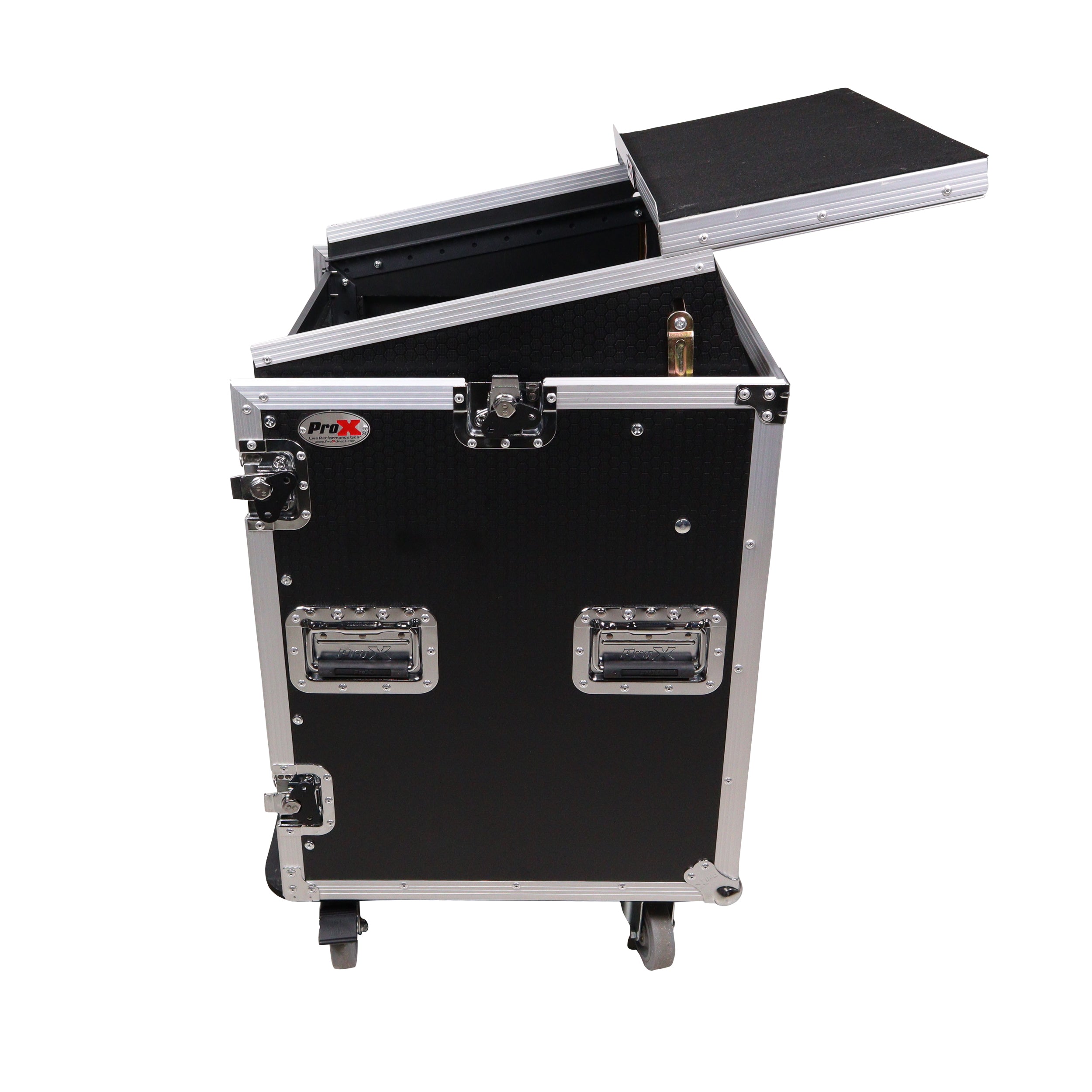 14U Vertical Rack Mount Flight Case with 10U Top for Mixer Combo Amp Rack with Laptop Shelf and Caster Wheels
