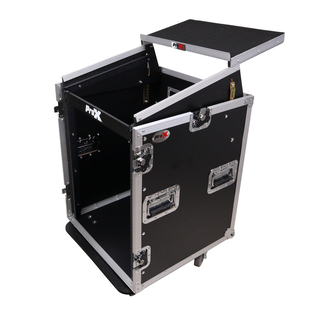 14U Vertical Rack Mount Flight Case with 10U Top for Mixer Combo Amp Rack with Laptop Shelf and Caster Wheels