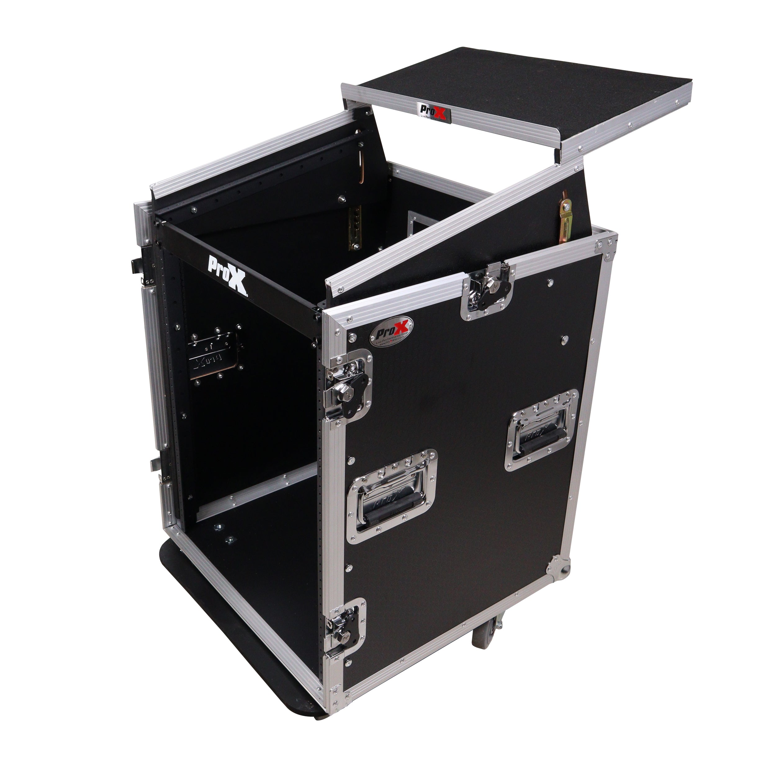 14U Vertical Rack Mount Flight Case with 10U Top for Mixer Combo Amp Rack with Laptop Shelf and Caster Wheels