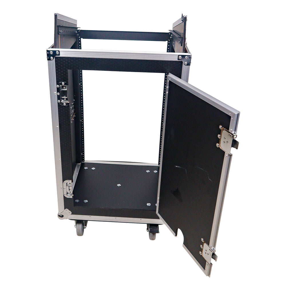 18U Vertical Rack Mount Flight Case with 10U Top for Mixer Combo Amp Rack with Laptop Shelf and Caster Wheels