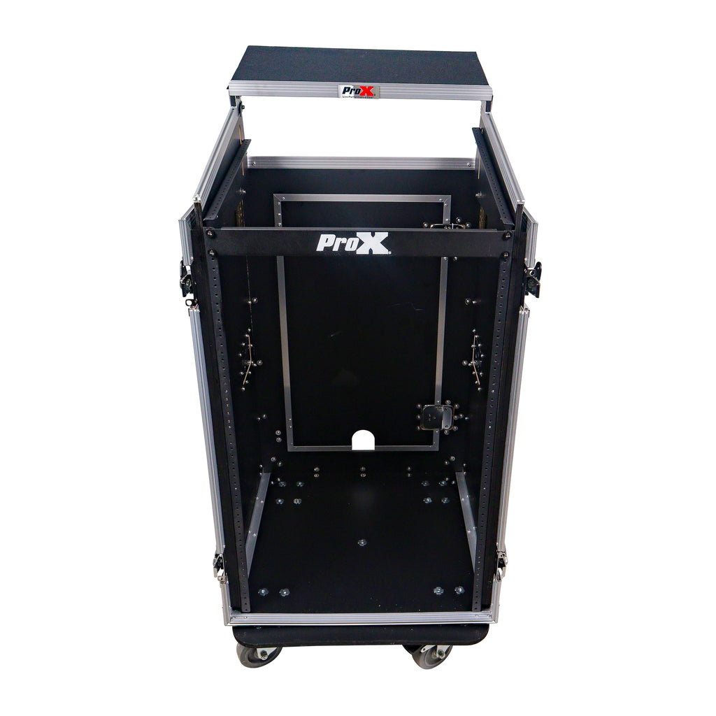 18U Vertical Rack Mount Flight Case with 10U Top for Mixer Combo Amp Rack with Laptop Shelf and Caster Wheels