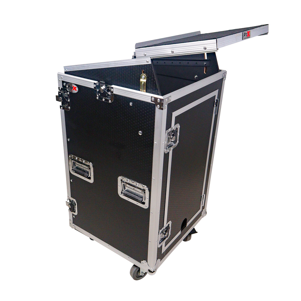 18U Vertical Rack Mount Flight Case with 10U Top for Mixer Combo Amp Rack with Laptop Shelf and Caster Wheels