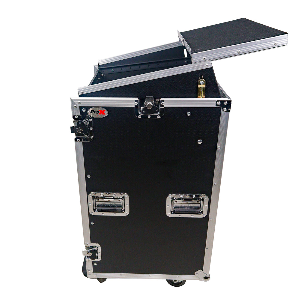 18U Vertical Rack Mount Flight Case with 10U Top for Mixer Combo Amp Rack with Laptop Shelf and Caster Wheels