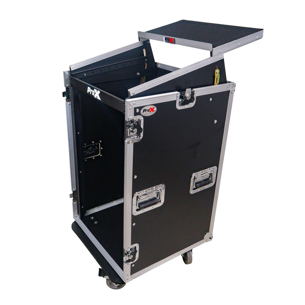 18U Vertical Rack Mount Flight Case with 10U Top for Mixer Combo Amp Rack with Laptop Shelf and Caster Wheels