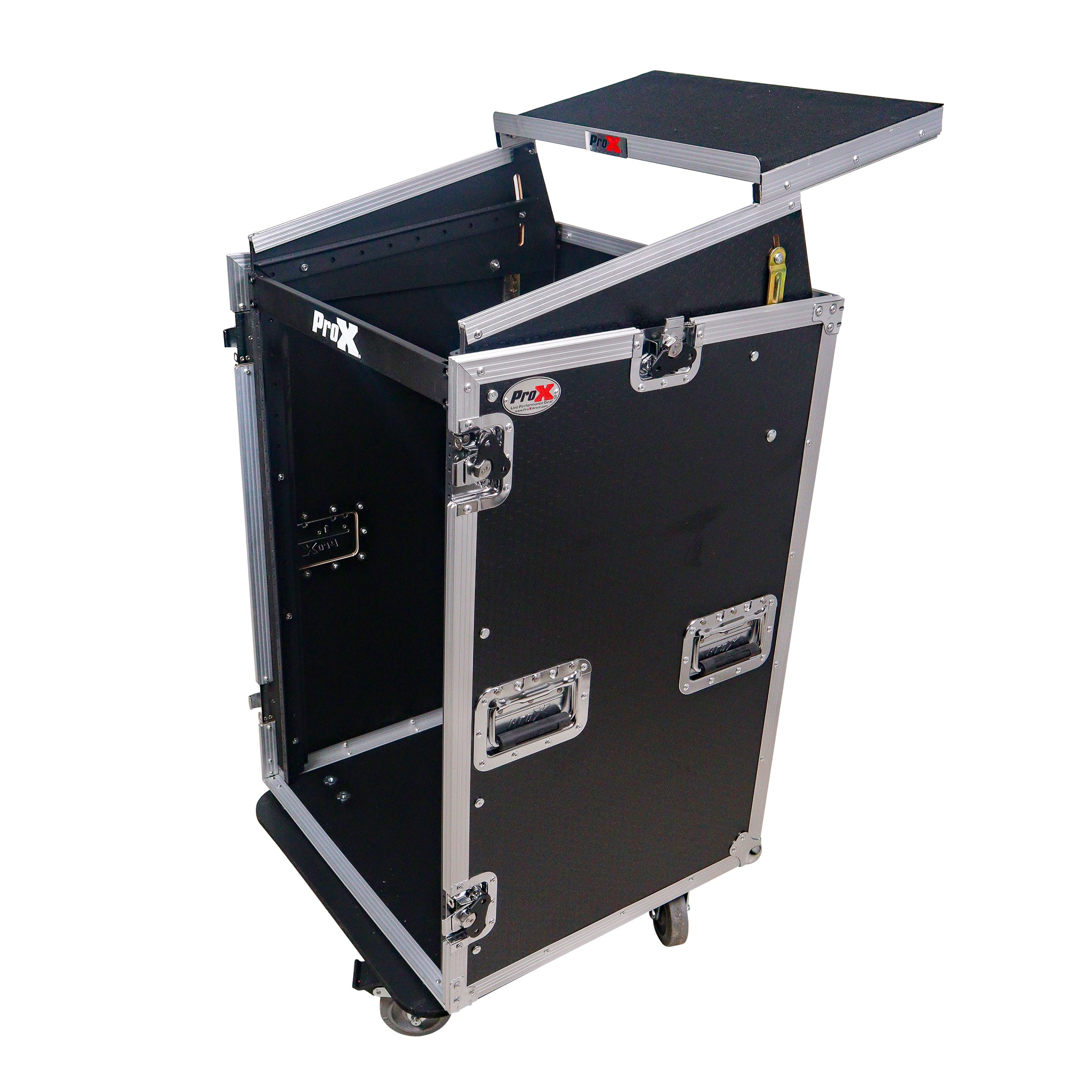 18U Vertical Rack Mount Flight Case with 10U Top for Mixer Combo Amp Rack with Laptop Shelf and Caster Wheels