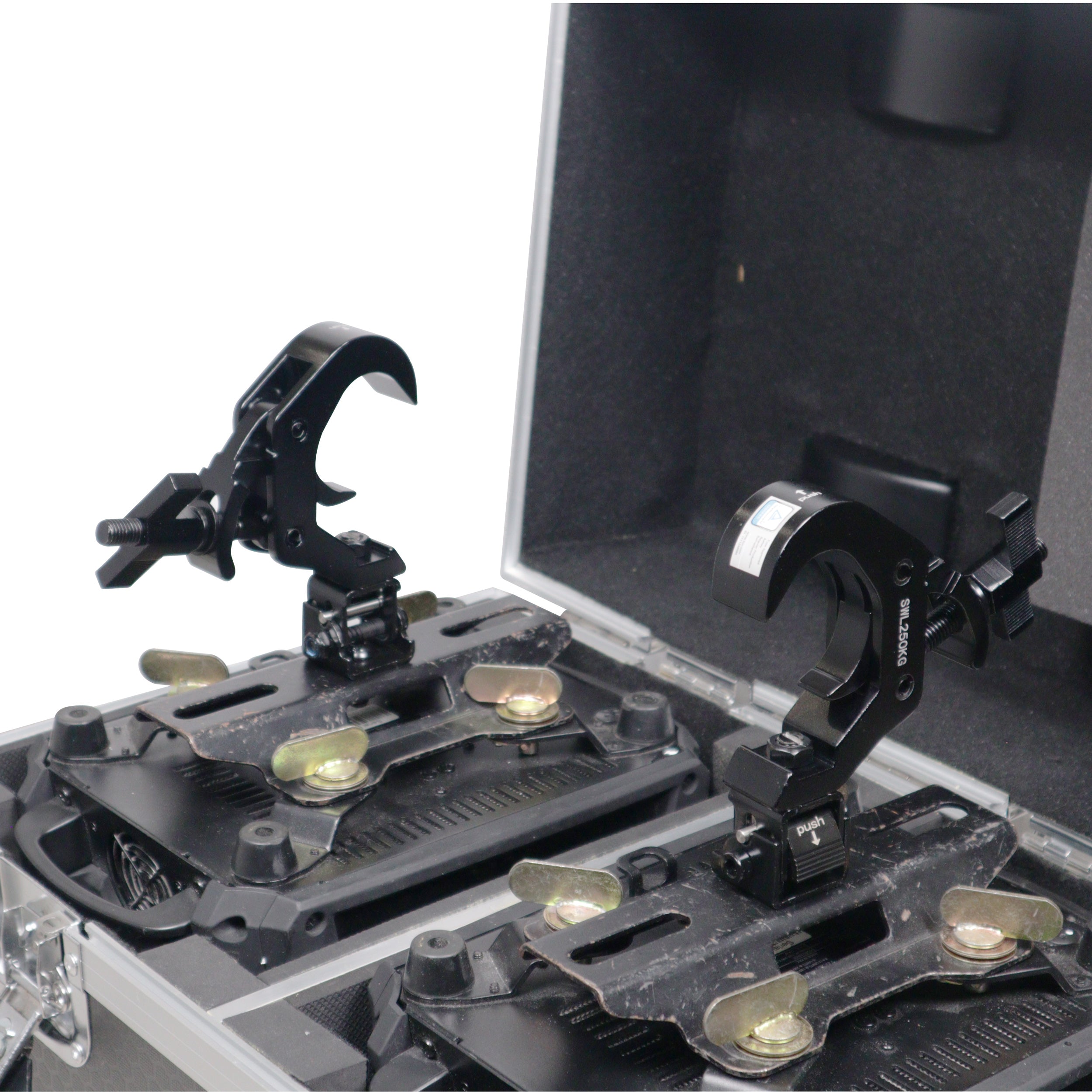 Set of (4) Quick 90º Folding Moving Head Clamp Adapters with T-C12 Truss Clamp 2 in. Diameter Black Finish - Max Load: 330 lbs