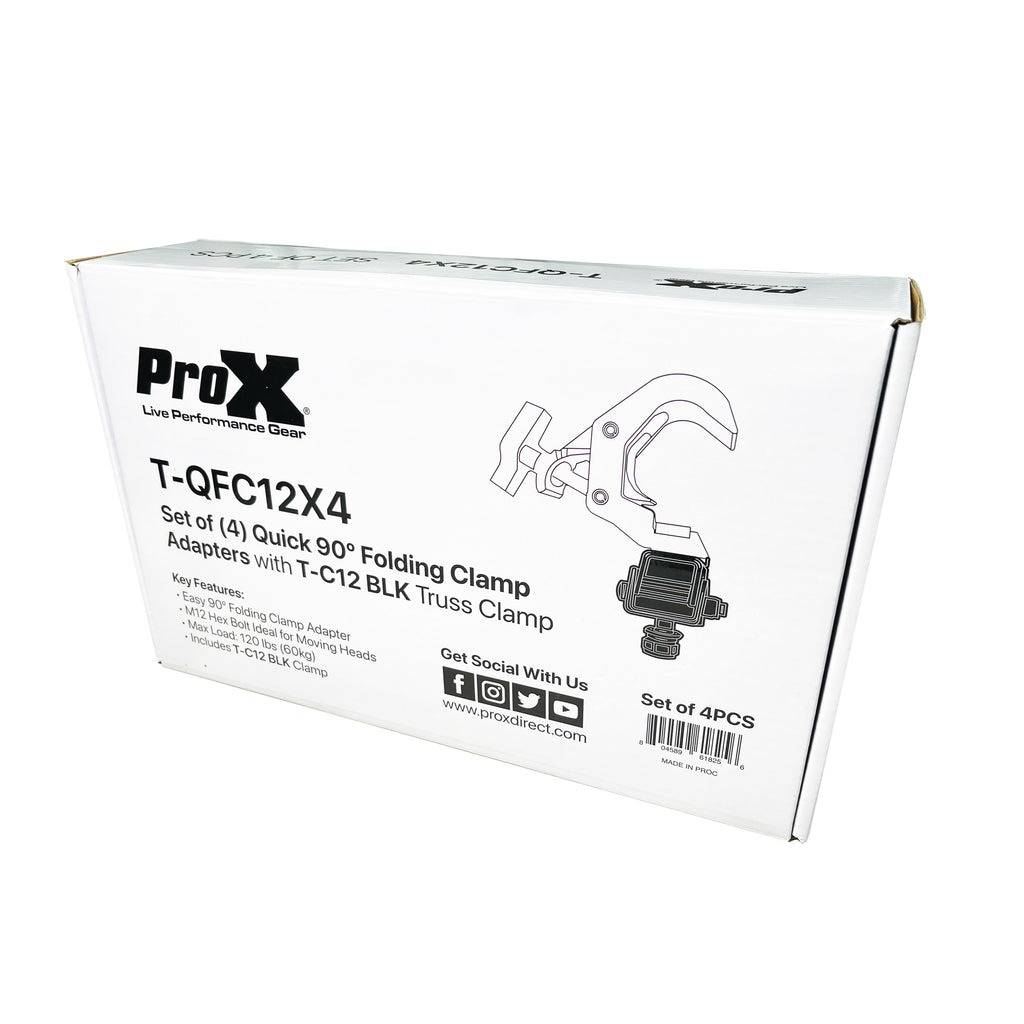 Set of (4) Quick 90º Folding Moving Head Clamp Adapters with T-C12 Truss Clamp 2 in. Diameter Black Finish - Max Load: 330 lbs