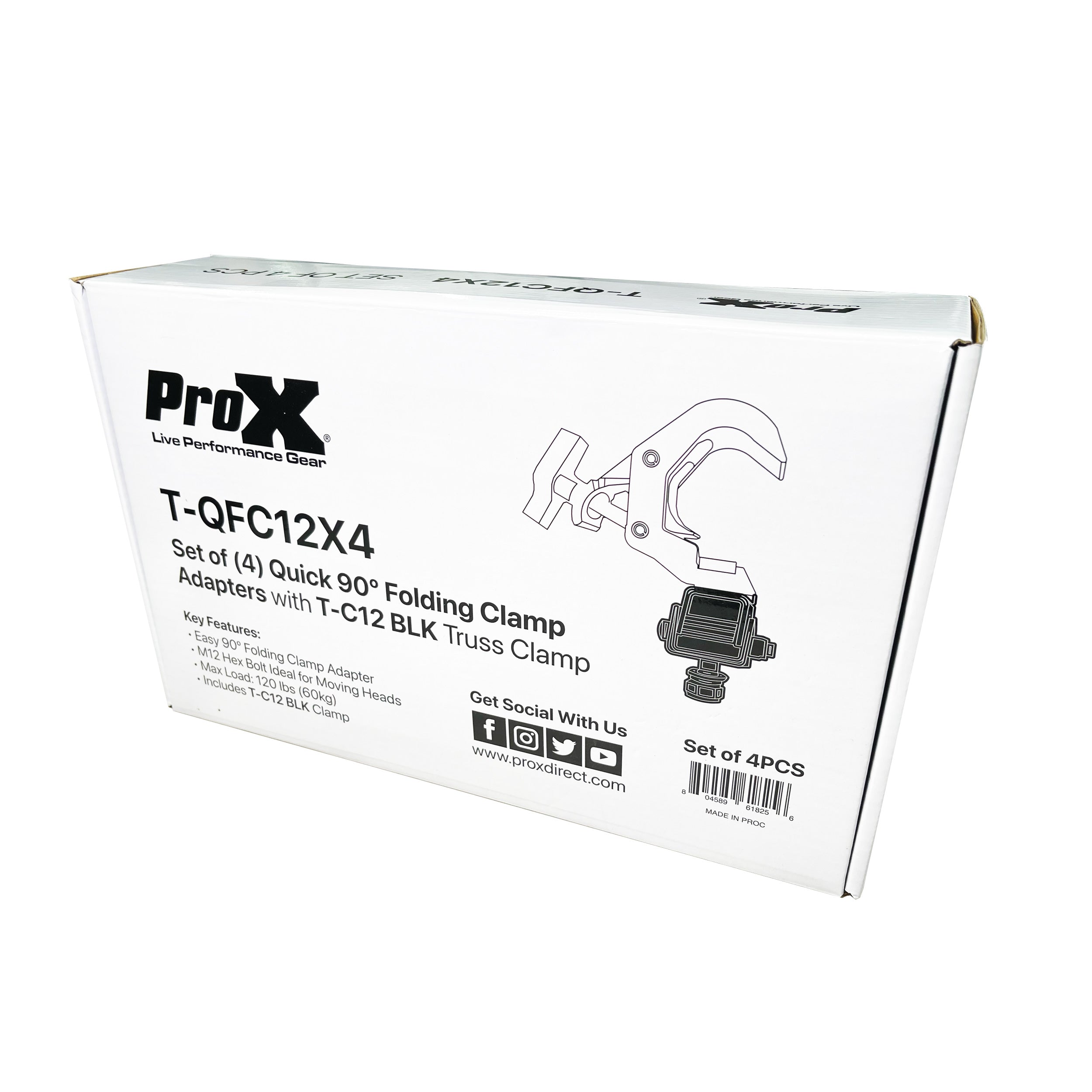 Set of (4) Quick 90º Folding Moving Head Clamp Adapters with T-C12 Truss Clamp 2 in. Diameter Black Finish - Max Load: 330 lbs