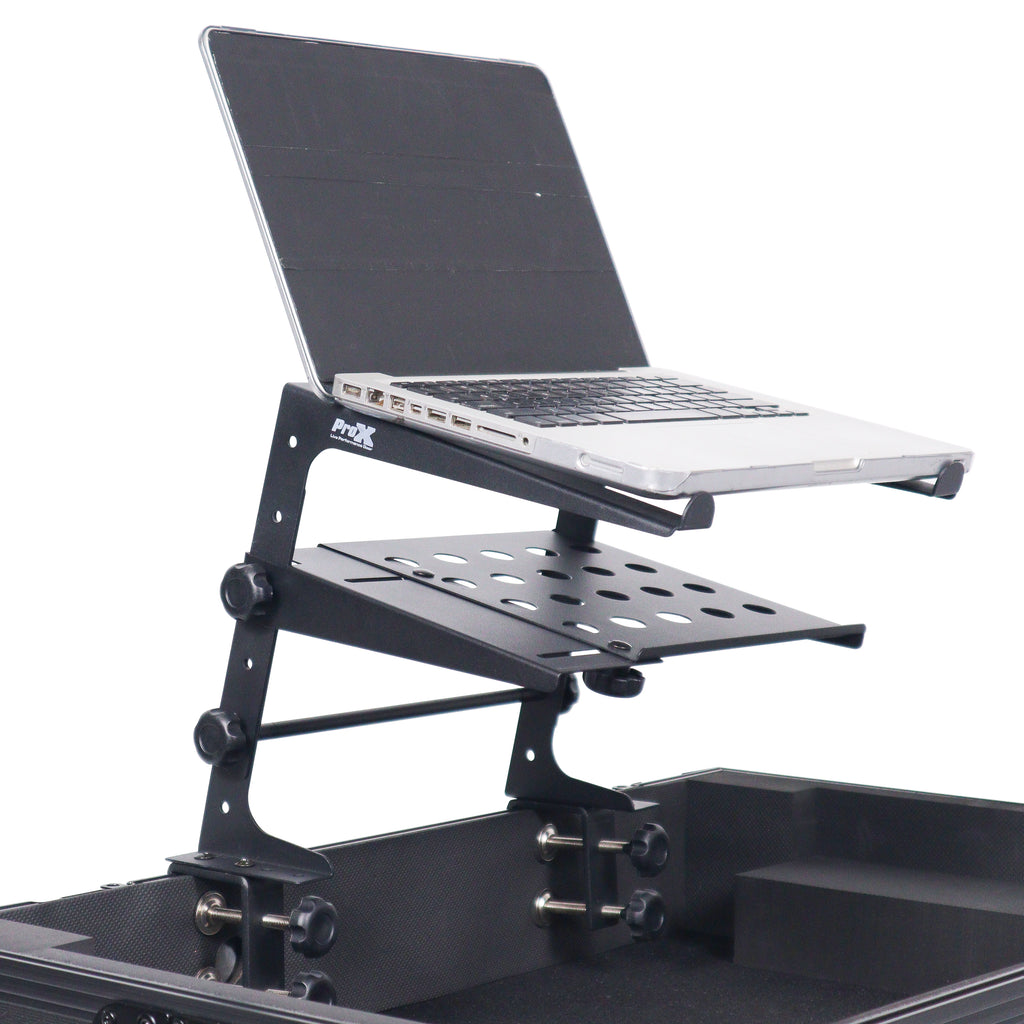 Universal Portable Desktop Laptop Stand with 2nd Tier Shelf and Mounting Clamps for DJ Cases