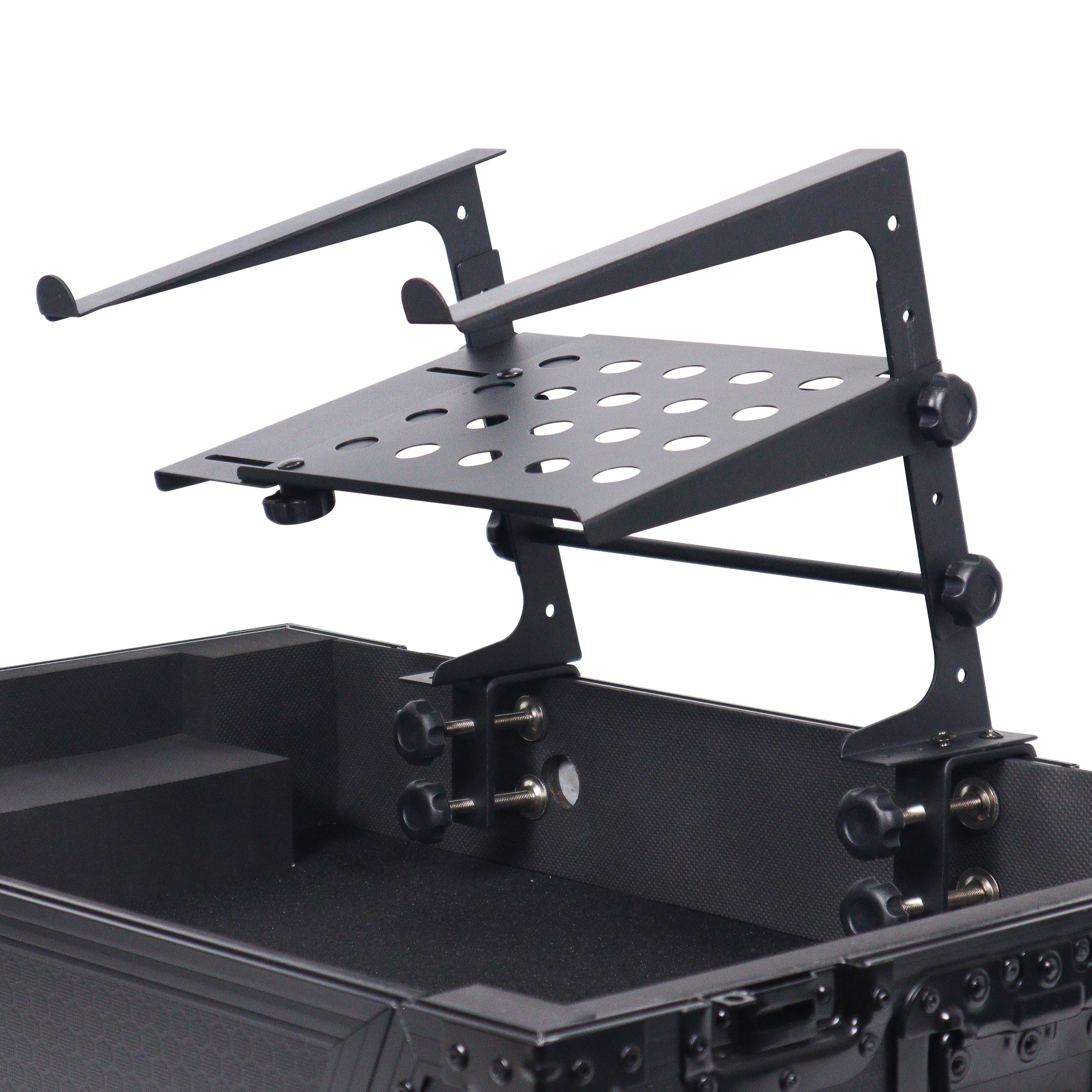 Universal Portable Desktop Laptop Stand with 2nd Tier Shelf and Mounting Clamps for DJ Cases