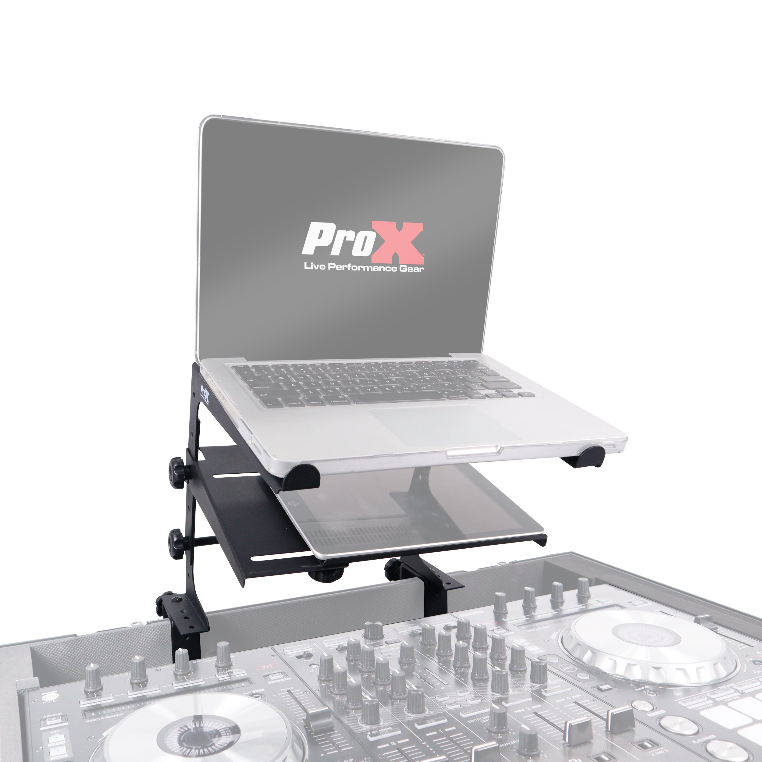 Universal Portable Desktop Laptop Stand with 2nd Tier Shelf and Mounting Clamps for DJ Cases