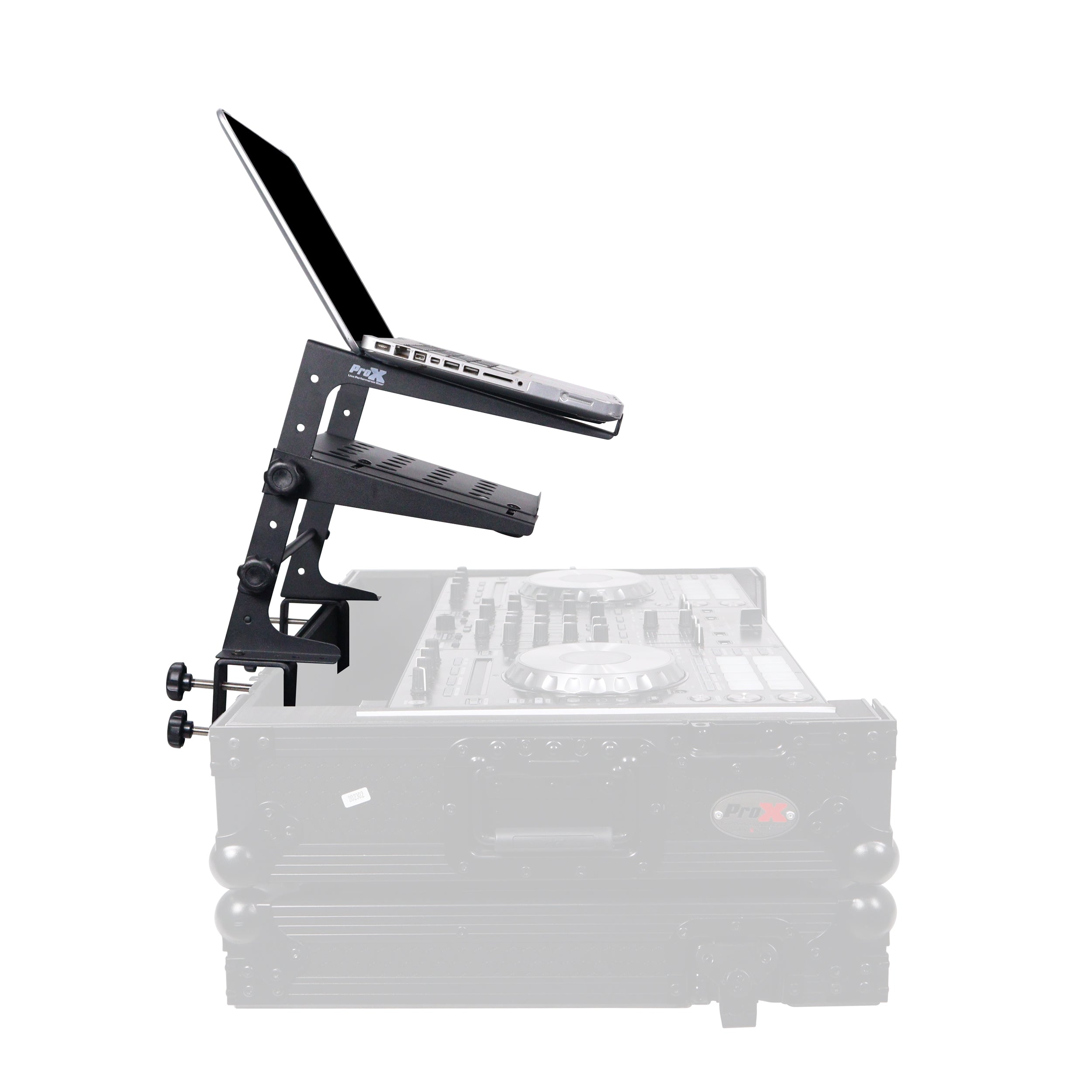 Universal Portable Desktop Laptop Stand with 2nd Tier Shelf and Mounting Clamps for DJ Cases