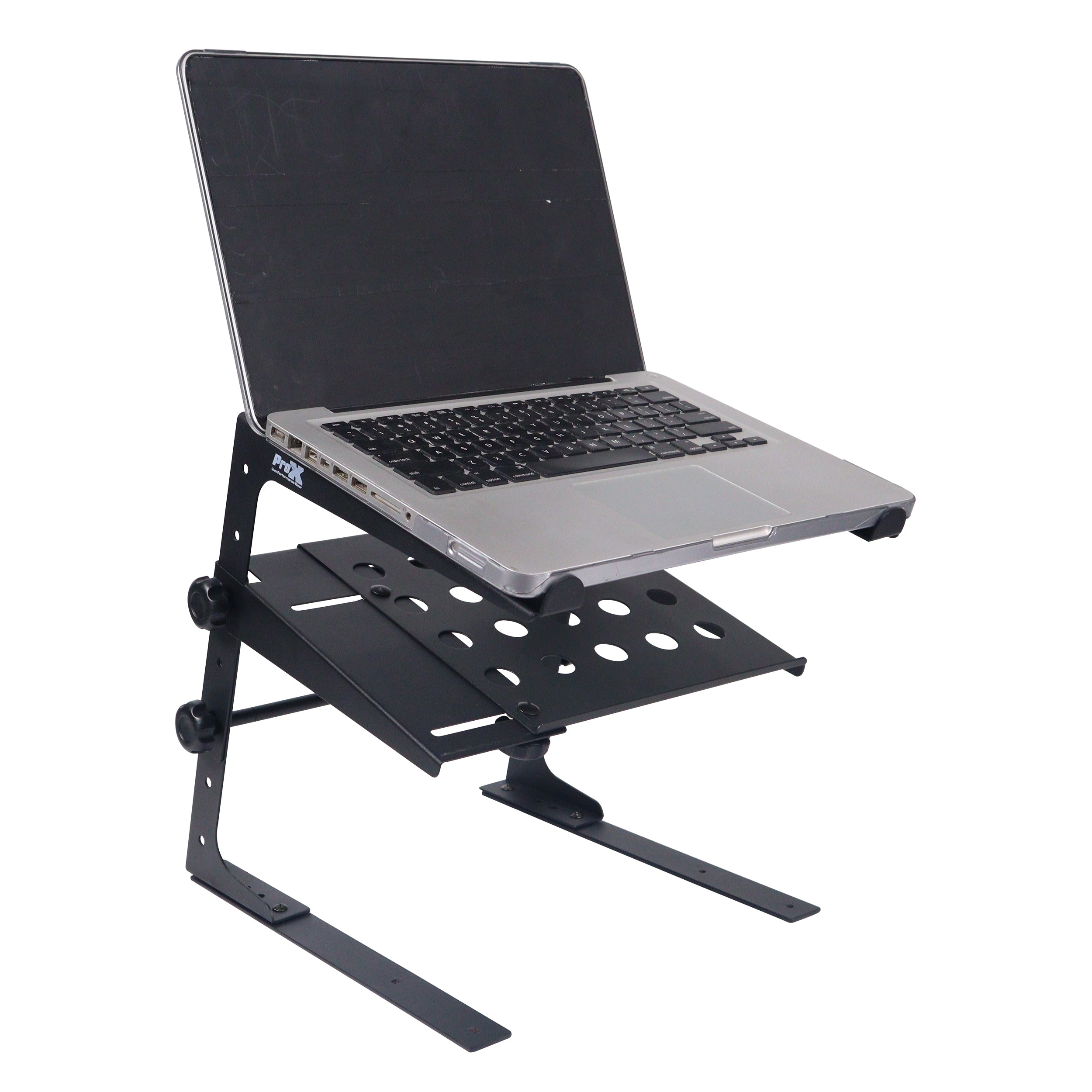 Universal Portable Desktop Laptop Stand with 2nd Tier Shelf and Mounting Clamps for DJ Cases