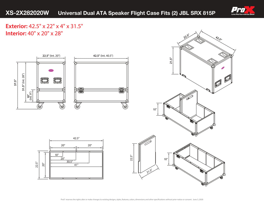 Universal Dual ATA Speaker Flight Case Fits 2 pcs 28x20x20 inch speakers, Two JBL SRX 815P and Similar Sized Speakers