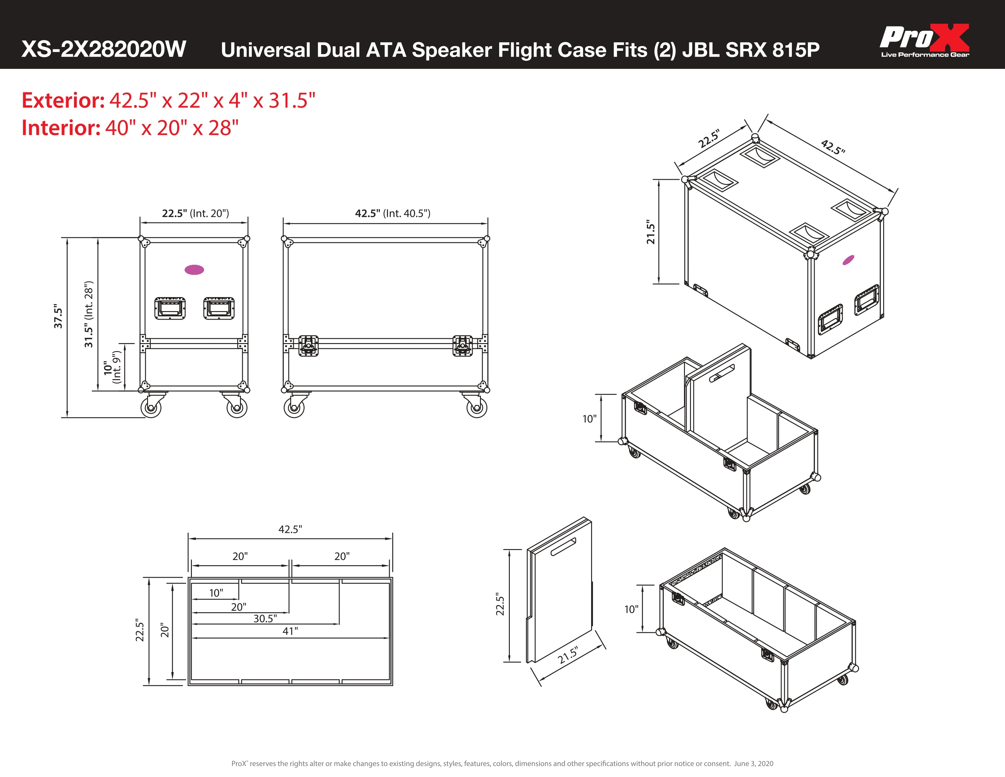 Universal Dual ATA Speaker Flight Case Fits 2 pcs 28x20x20 inch speakers, Two JBL SRX 815P and Similar Sized Speakers