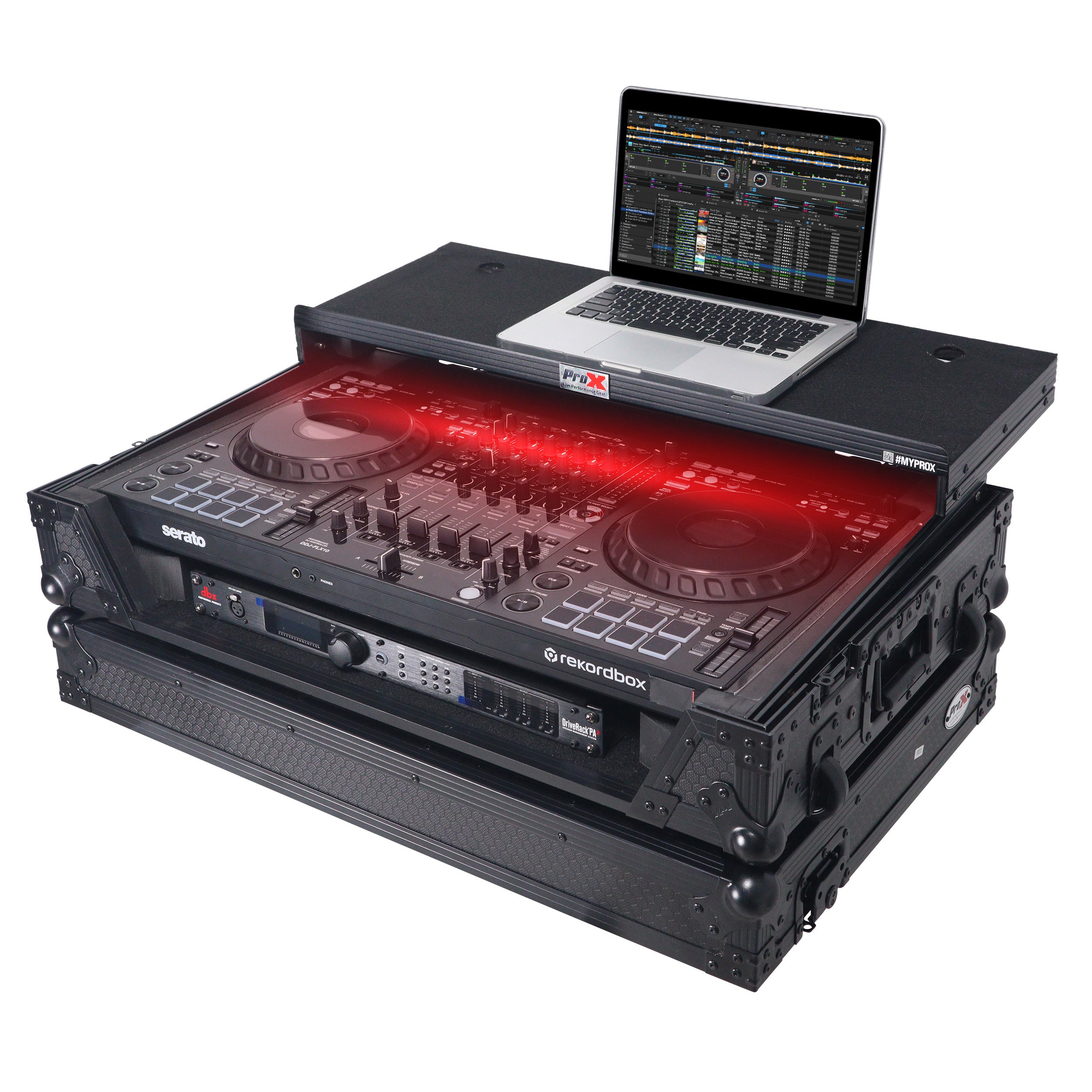 ATA Flight Style Road Case For Pioneer DDJ-FLX10 or DDJ-GRV6 with Laptop Shelf 1U Rack Space Wheels and LED Black Finish