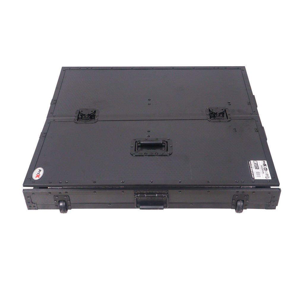 Transformer Flight Case Style Folding DJ Table and Workstation with Smooth Rolling Wheels Black Finish