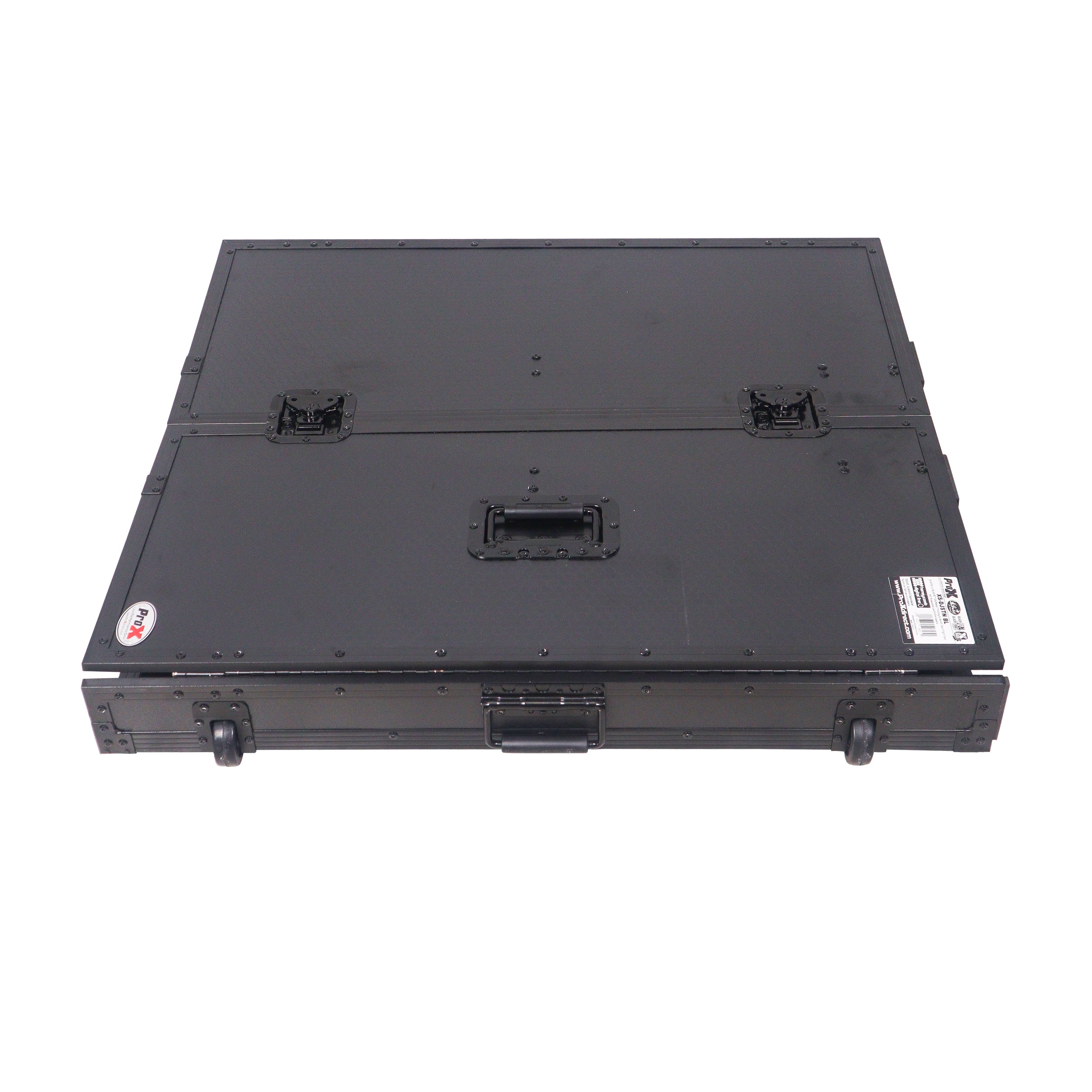 Transformer Flight Case Style Folding DJ Table and Workstation with Smooth Rolling Wheels Black Finish